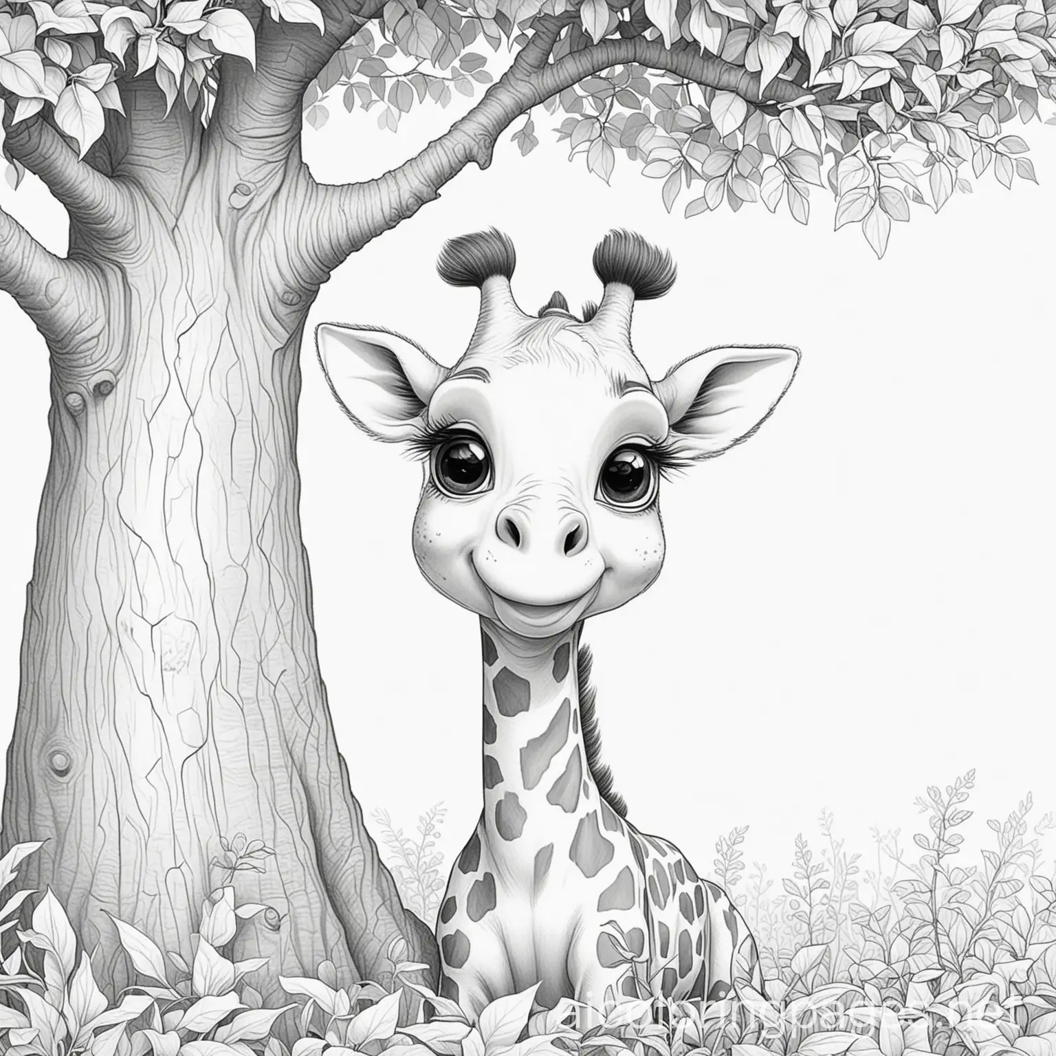 cartoon happy giraffe hiding behind a tree, Coloring Page, black and white, line art, white background, Simplicity, Ample White Space. The background of the coloring page is plain white to make it easy for young children to color within the lines. The outlines of all the subjects are easy to distinguish, making it simple for kids to color without too much difficulty