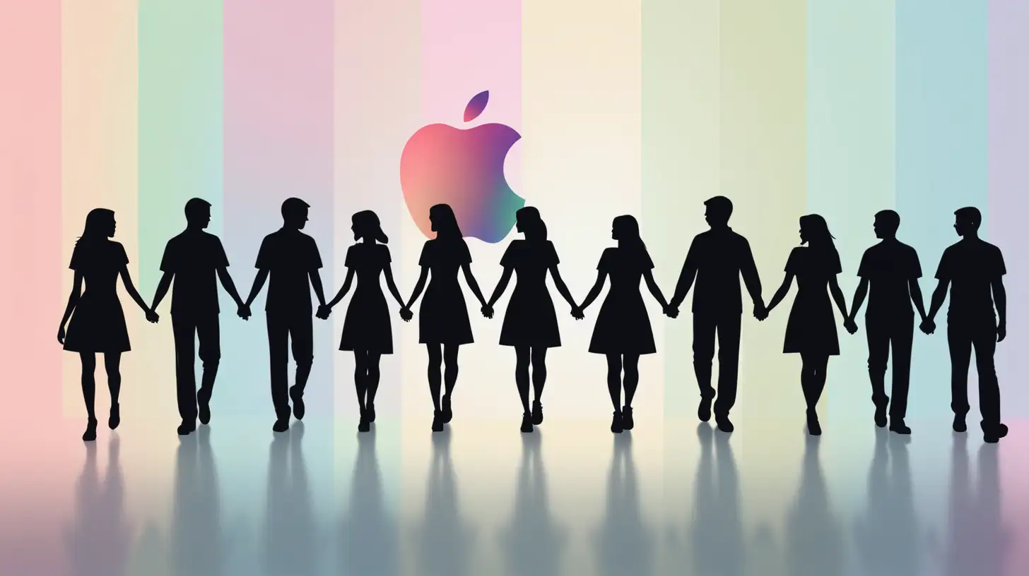 Generate a group of people silhouettes holding hands together with the Apple logo in the background. The image should have pastel colors 