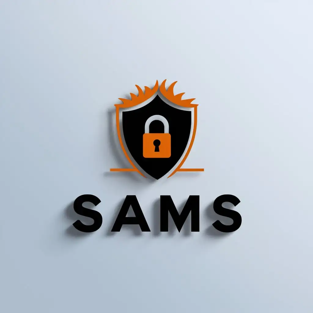 a logo design,with the text "SAMS", main symbol:a protective shield for cybersecurity which has orange spiky hair on top and a lock in the middle,Minimalistic,be used in Technology industry,clear background
