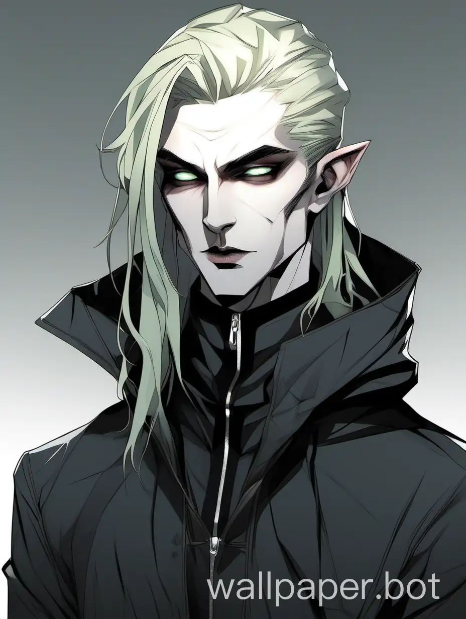 villain vampire, vampiric feminine man, long, slender, androgynous, ambiguous gender, nonbinary, model, pale ash blond hair, hair length down to chin jaw, elf-like, sadist, pale green-grey eyes, half-closed eyes, defined under eyes, angular arched high eyebrows, high browbone, shaped eyebrows, sleek cheekbones, pale skin, pale lips, long angular face, pronounced frontal process of maxilla, artificer, pointed ears, long smooth chin, long sharp sleek straight nose, flat chest, young adult, modern, sly, roguish, smirk, pretty boy, well groomed, wearing black hoodie, wicked, pallid, high cheekbones, sharp jaw, pale, otherworldly, techwear