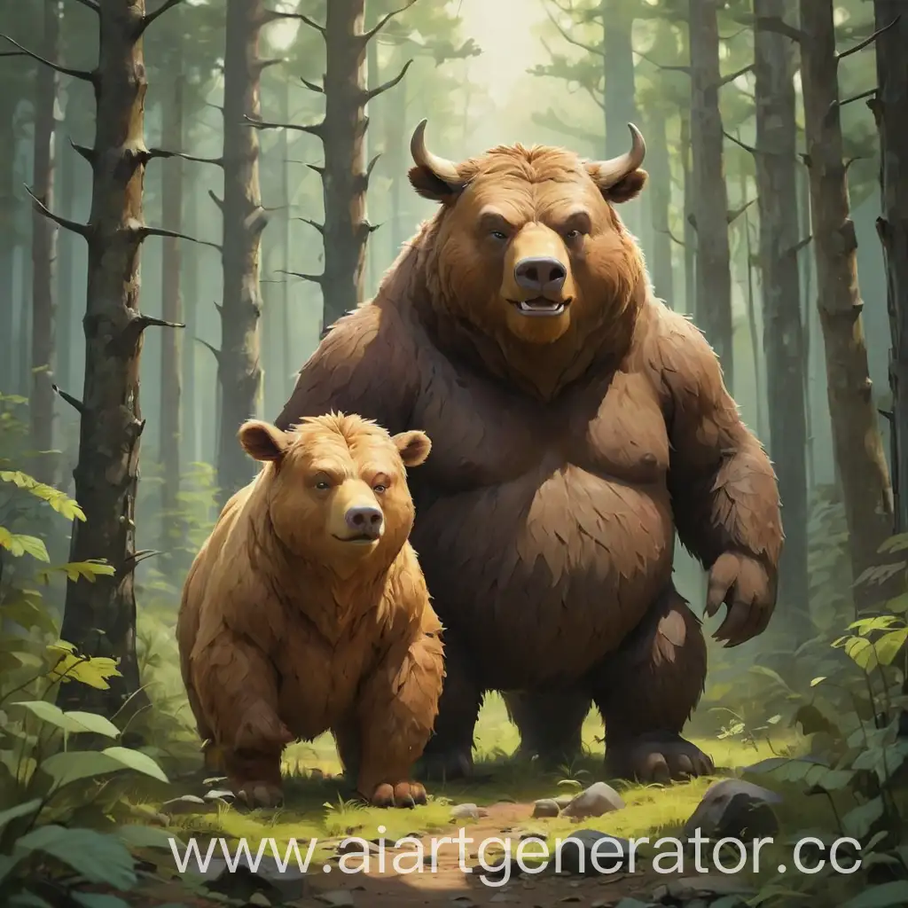 бык и медведь в лесу