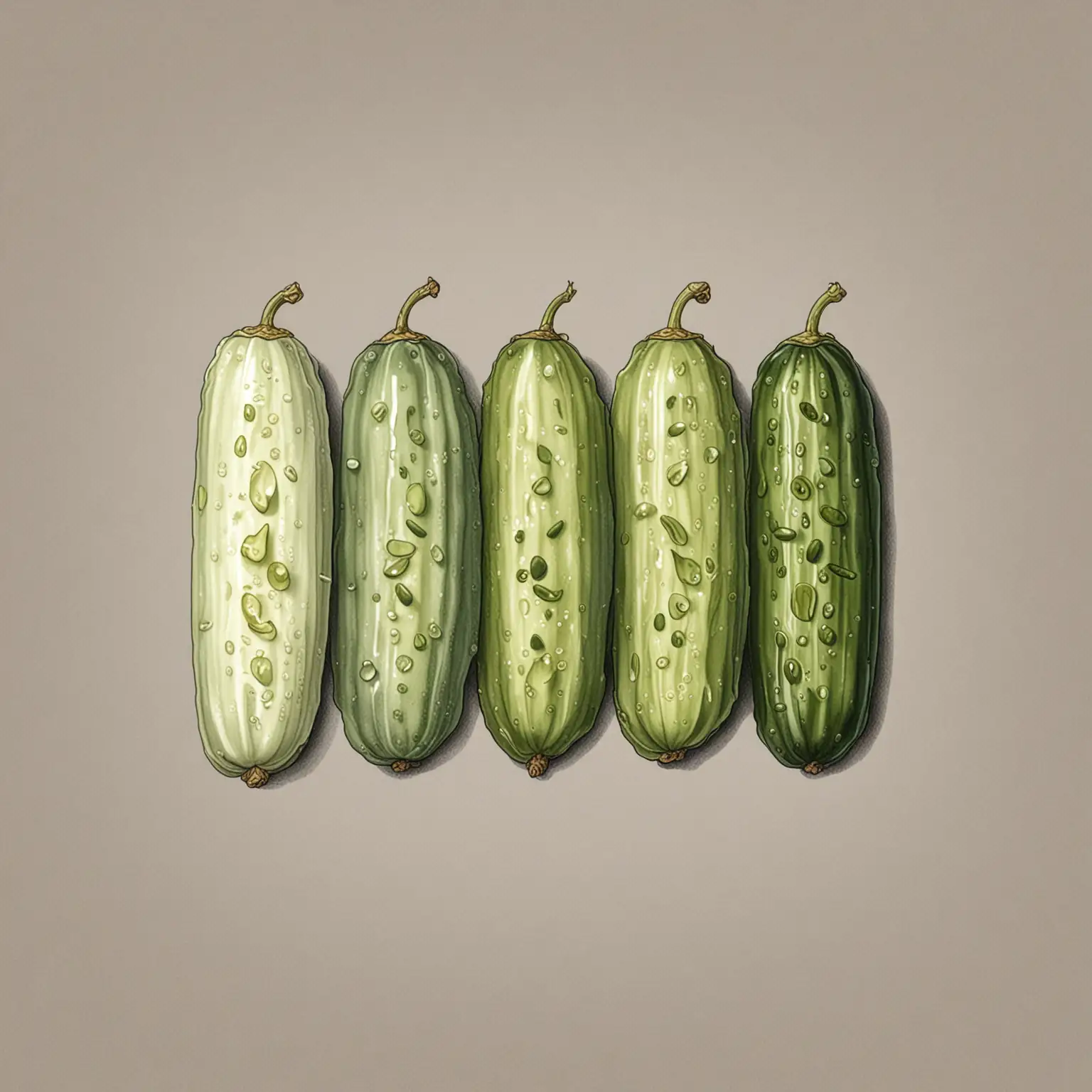 Five Thin Pickles Arranged in a Colorful Line Drawing
