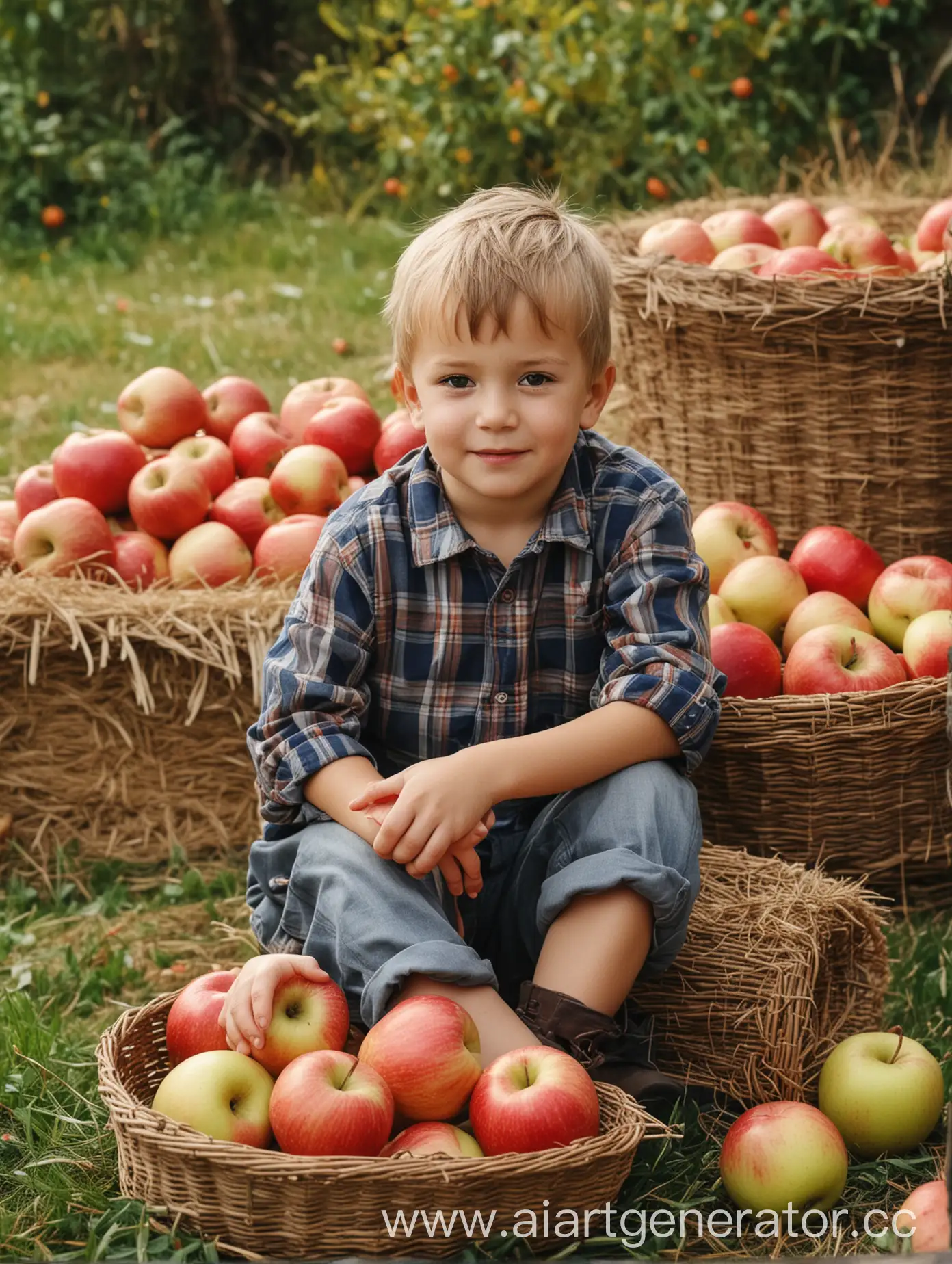 маленький мальчик сидит на траве, навалившись на стог сена, рядом стоят корзины с яблоками, фон сильно размыт