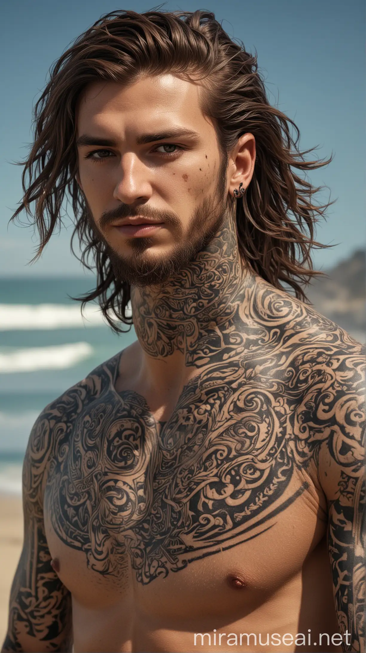 Luscious Haired Man with Tattoos Beach Portrait in Ultra High Resolution 3D