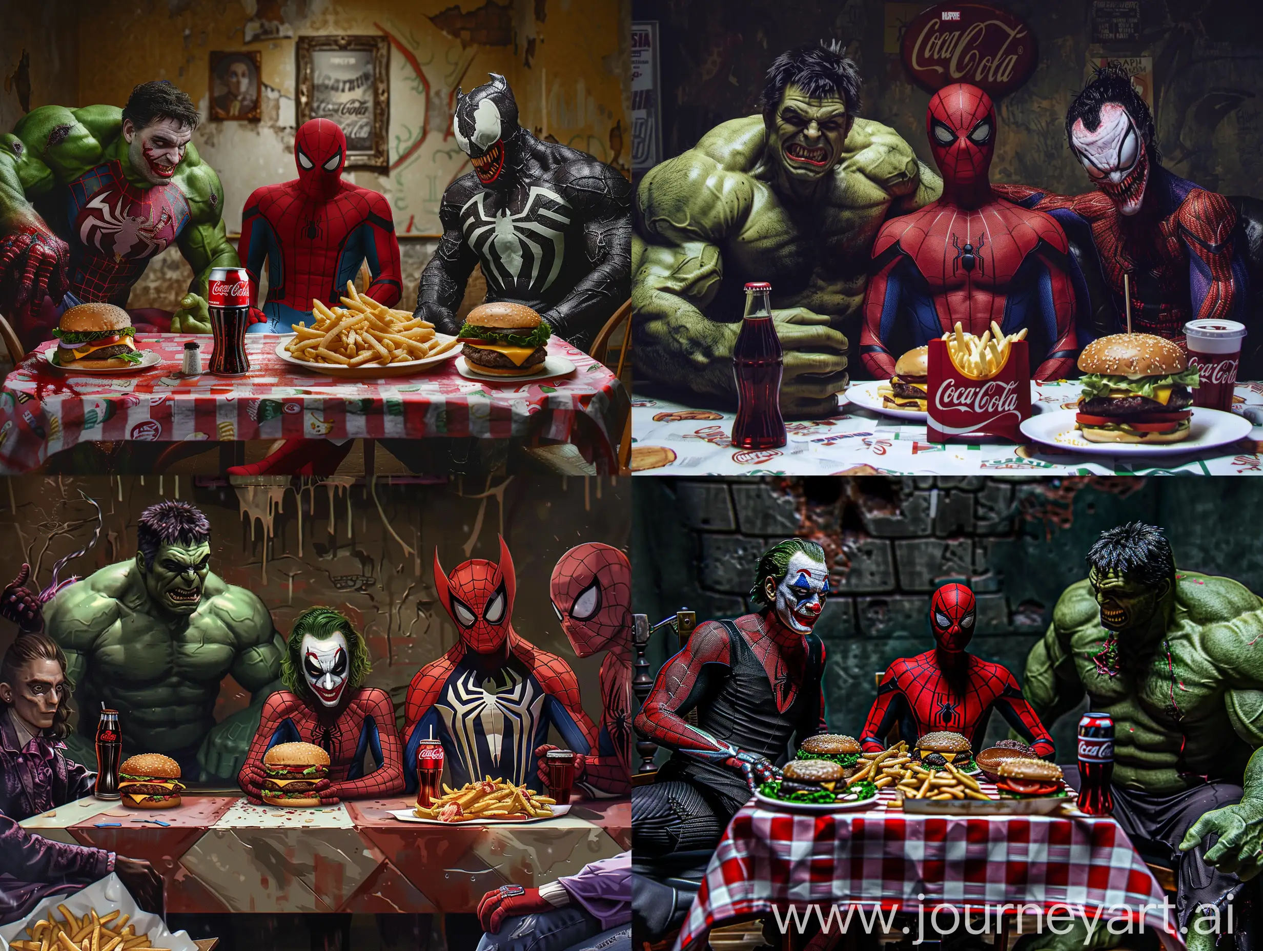 Superheroes-Enjoying-Fast-Food-Feast-Joker-Spiderman-Hulk-Venom