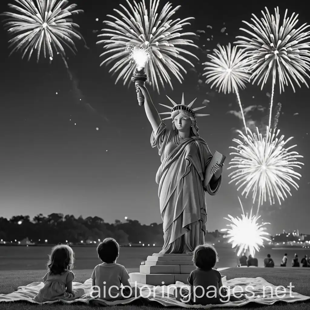 the statue of liberty in the distance standing proud at dusk with fireworks exploding in the background with children pointing at the festivities enjoying sitting on a blanket , Coloring Page, black and white, line art, white background, Simplicity, Ample White Space. The background of the coloring page is plain white to make it easy for young children to color within the lines. The outlines of all the subjects are easy to distinguish, making it simple for kids to color without too much difficulty