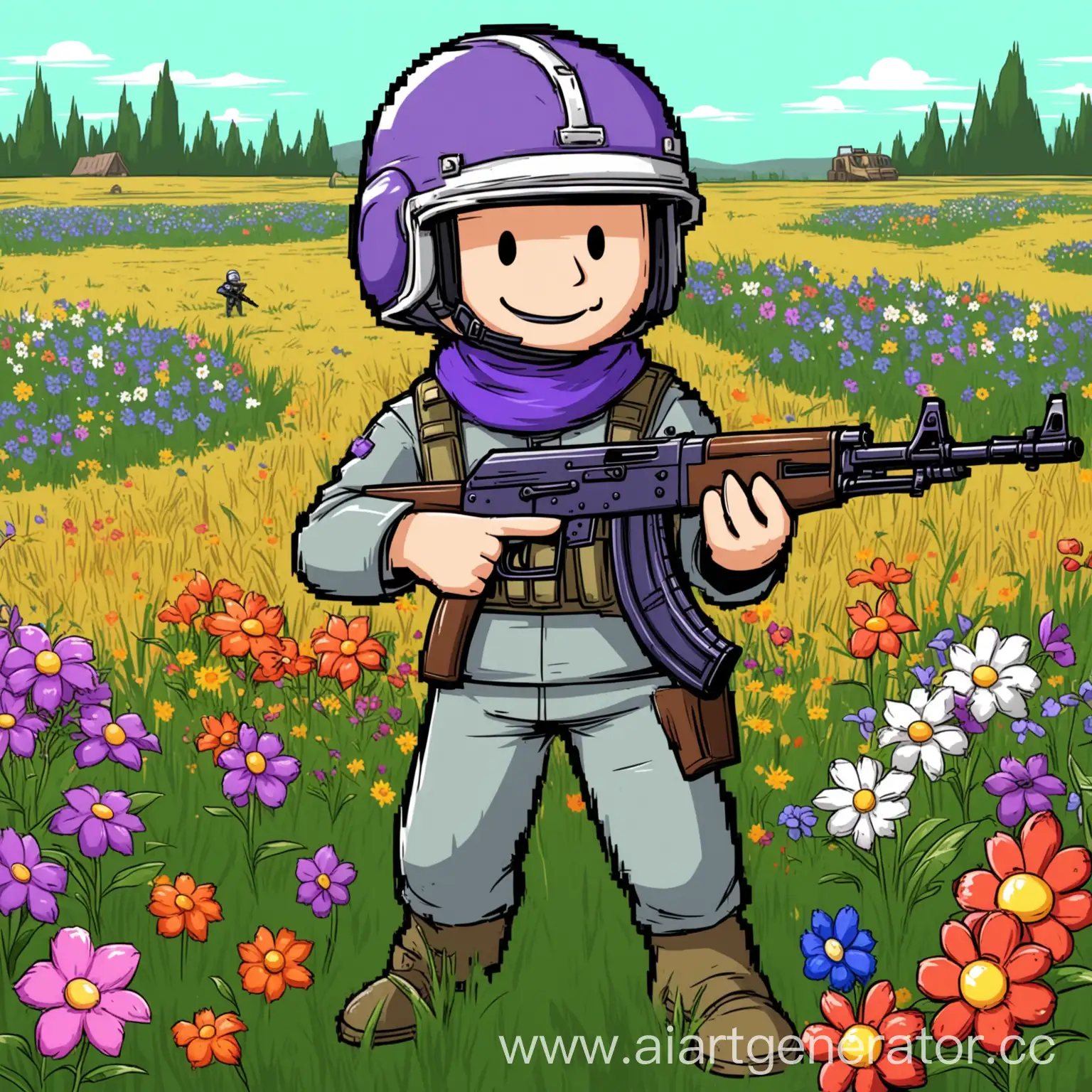 Cartoon-Character-in-Flower-Field-with-Helmet-and-AK47