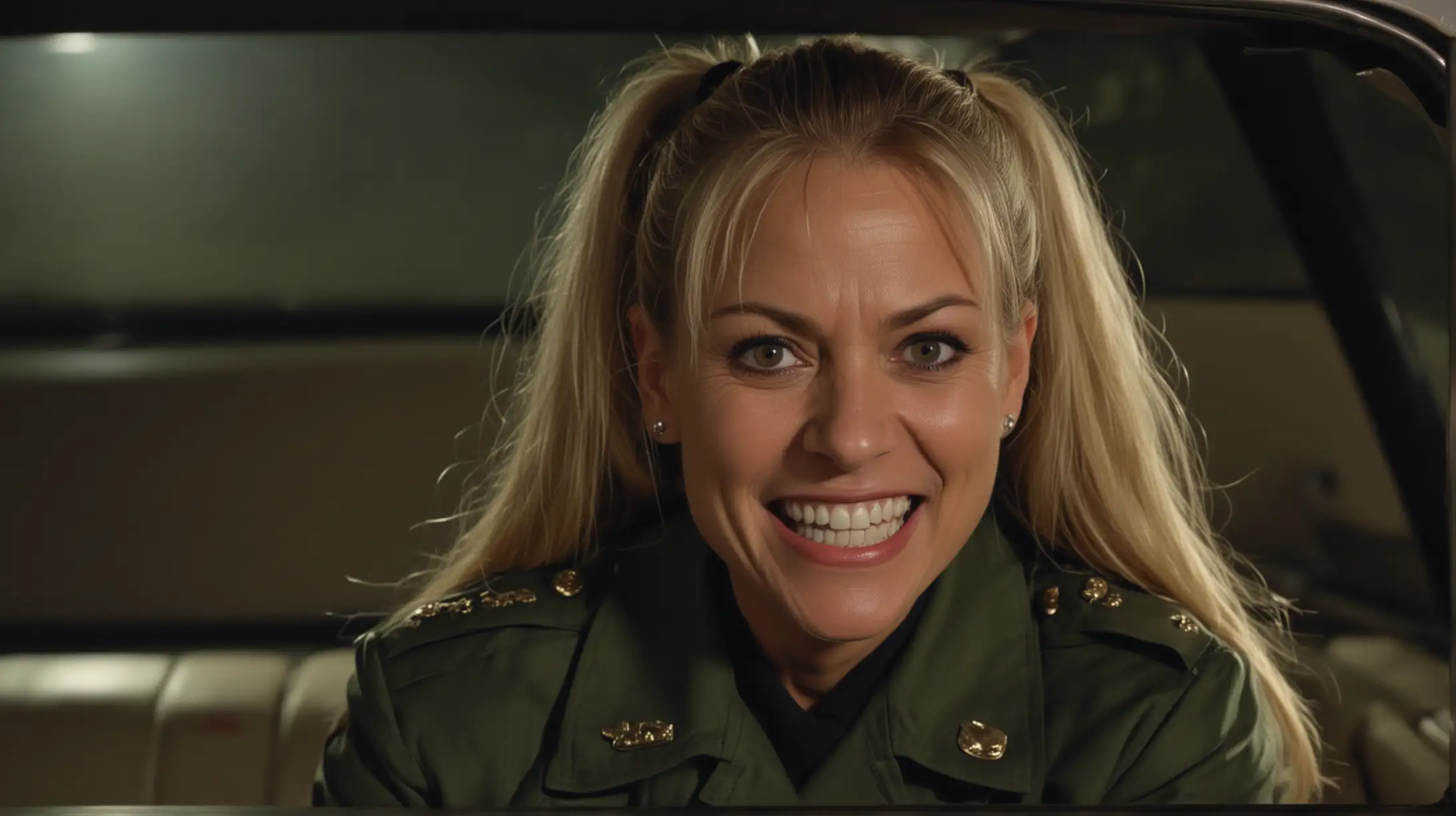 high ranking military woman, 55 yo, blonde, tight pony tail, military jacket, psych smile, angry, mad, furious, psycho eyes, backseat in presidential car, night, 70s crime movie style, super panavision 70