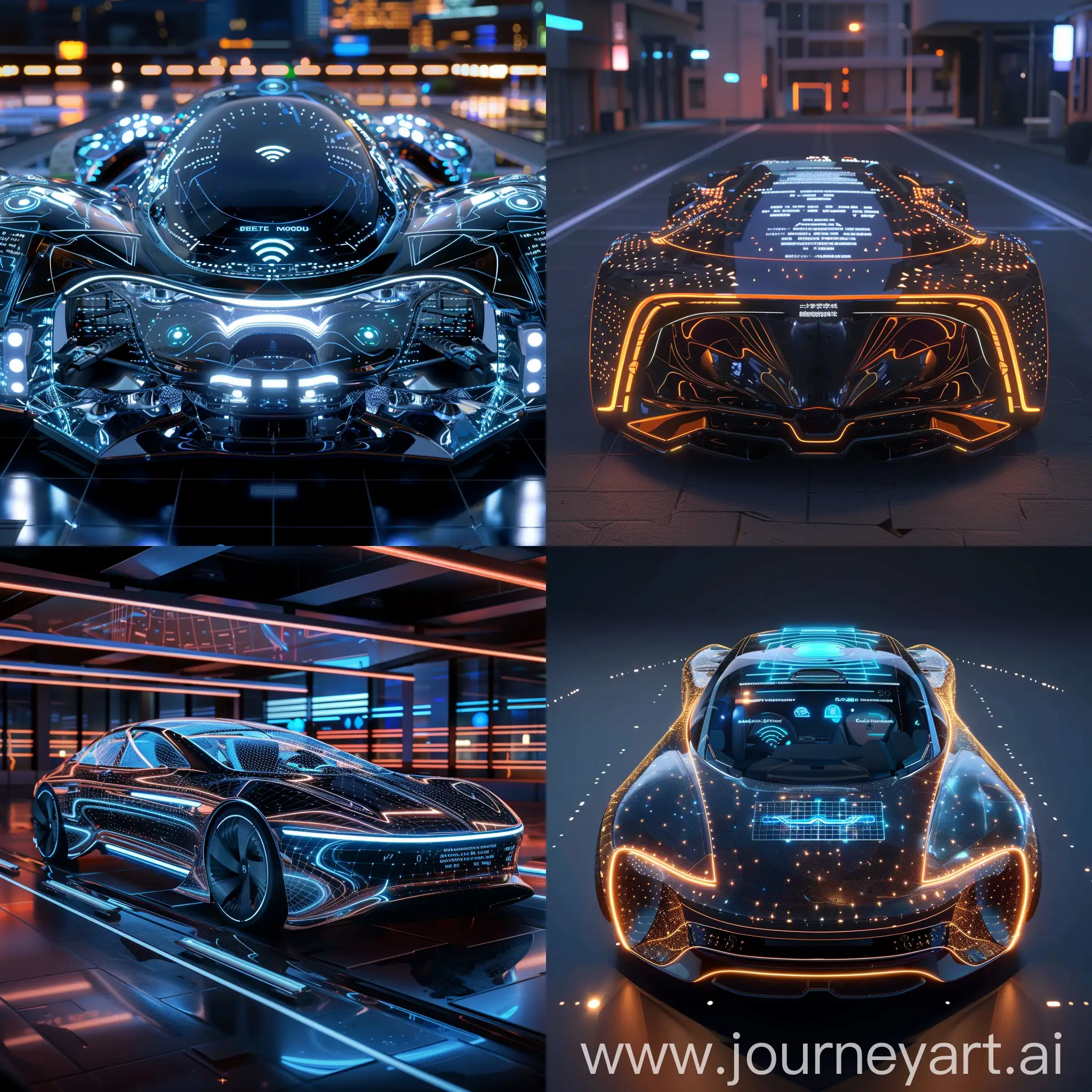 High-tech futuristic car, Holographic Heads-Up Display (HUD), Biometric Driver Identification, AI-Powered Virtual Assistant, Augmented Reality Windshield, Self-Healing Nanotechnology Surfaces, Wireless Charging Stations, Gesture-Controlled Interfaces, 360-Degree Camera System, Adaptive Mood Lighting, Intelligent Climate Control, Active Aerodynamic Elements, LED Matrix Lighting, Solar Panel Integration, Smart Auto-Cleaning Technology, Active Noise Cancellation, Retractable Camera Mirrors, Augmented Reality Windshield Display, Adaptive Active Suspension, Integrated Air Quality Sensors, Interactive Light Signatures, unreal engine 5 --stylize 1000