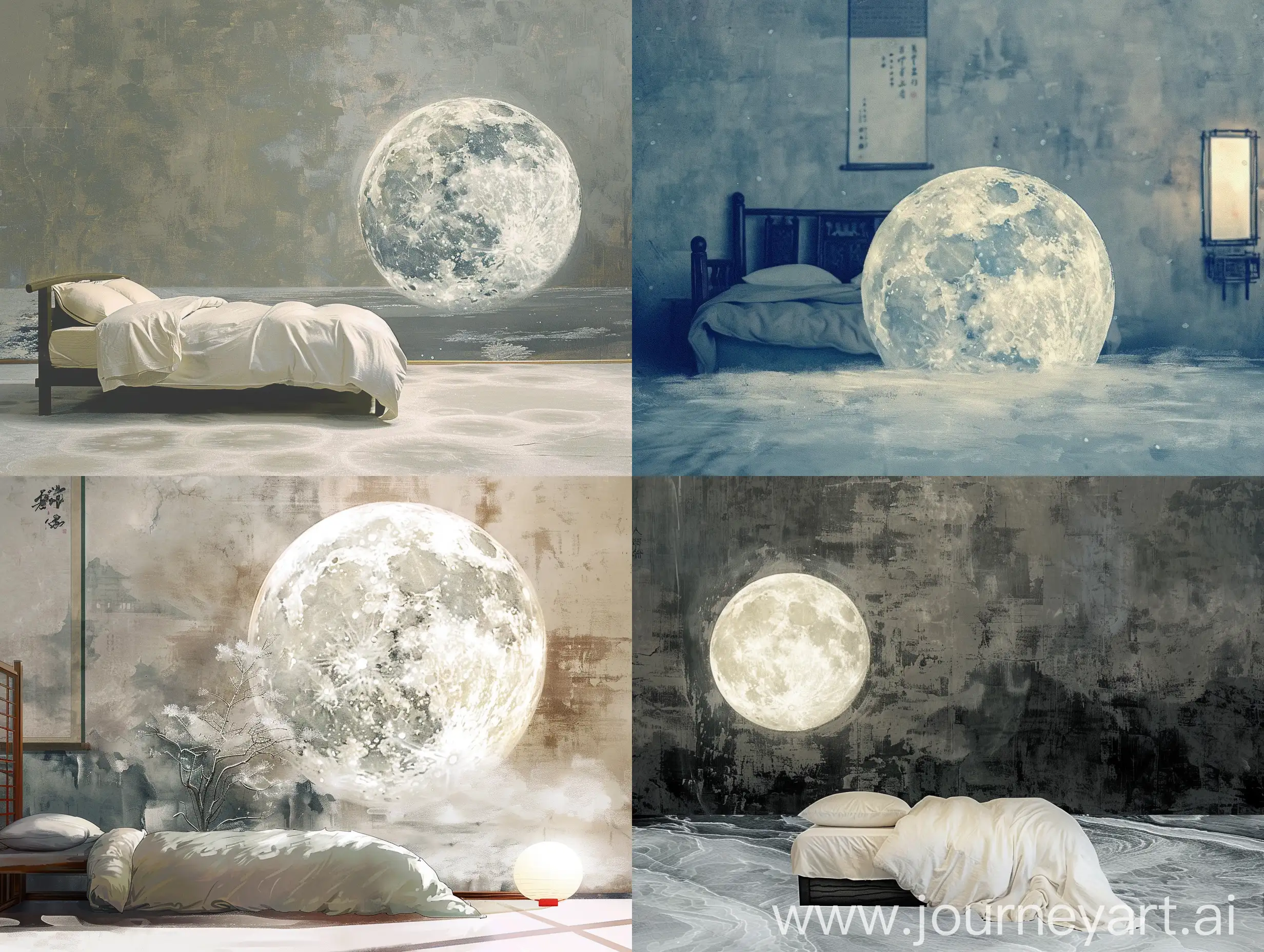 The bright moon in front of the bed is suspected to be frost on the ground. Raise your head to look at the bright moon and bow your head to think of your hometown, Chinese ink painting.