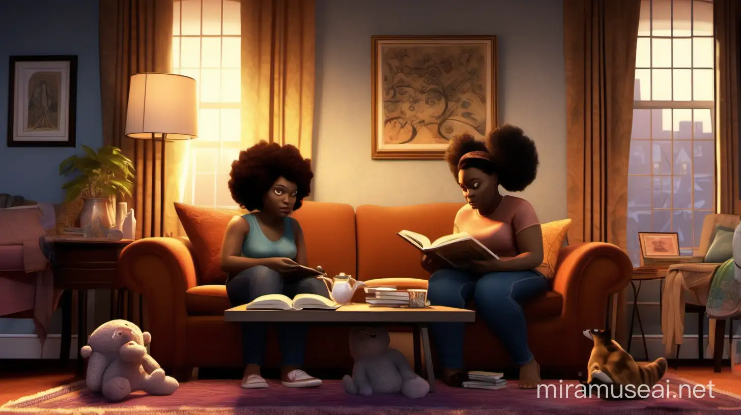 In a cozy living room adorned with warm hues and soft furnishings, two African-American women sit on a plush couch. One woman, seated with a book in hand, gazes intently at her friend, who is rifling through her purse on the coffee table beside her.

The friend's expression betrays a mixture of guilt and apprehension, while the other woman's features reflect a dawning realization. A sense of betrayal hangs heavy in the air, juxtaposed with the familiarity of their shared space.

Through the silent exchange of looks, the weight of the proverb resonates: "When you make friends, don't be too quick to trust them; make sure that they have proved themselves." In this moment of truth, trust is shattered, and the bond between them hangs in the balance.
Illumination, Disney-Pixar style illustration, 3-D animation, 4K