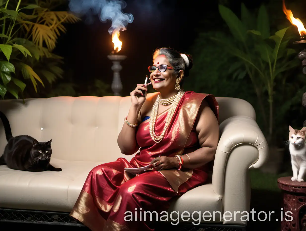 a indian mature fat woman having big stomach age 49 years old attractive looks with make up on face ,binding her high volume hairs, Gajra Bun Hairstyle, wearing metal anklet on feet and high heels, smoking a burning cigar in her hand , smoke is coming out from cigar . she is happy and smiling. she is wearing pearl neck lace in her neck , earrings in ears, a power spectacles on her eyes and wearing a white velvet towel on her body. she is sitting on a luxurious sofa with many cats in a garden full of lights and its evening time. she is talking with a land phone. show full body shot.