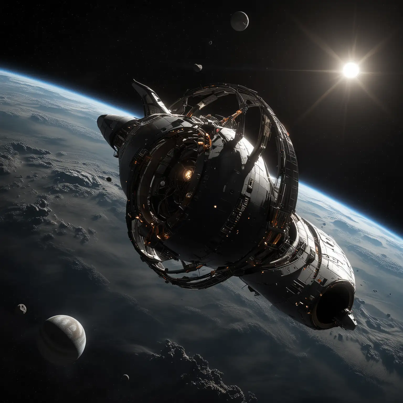 Futuristic Black Spaceship Orbiting Saturn in Deep Space