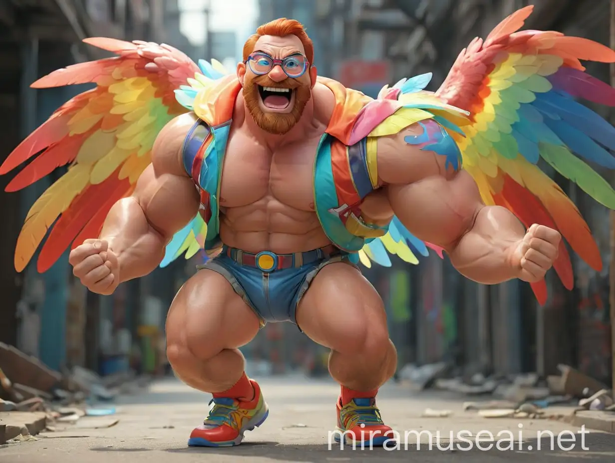 Muscular Bodybuilder Daddy with Rainbow Wings and Doraemon Goggles