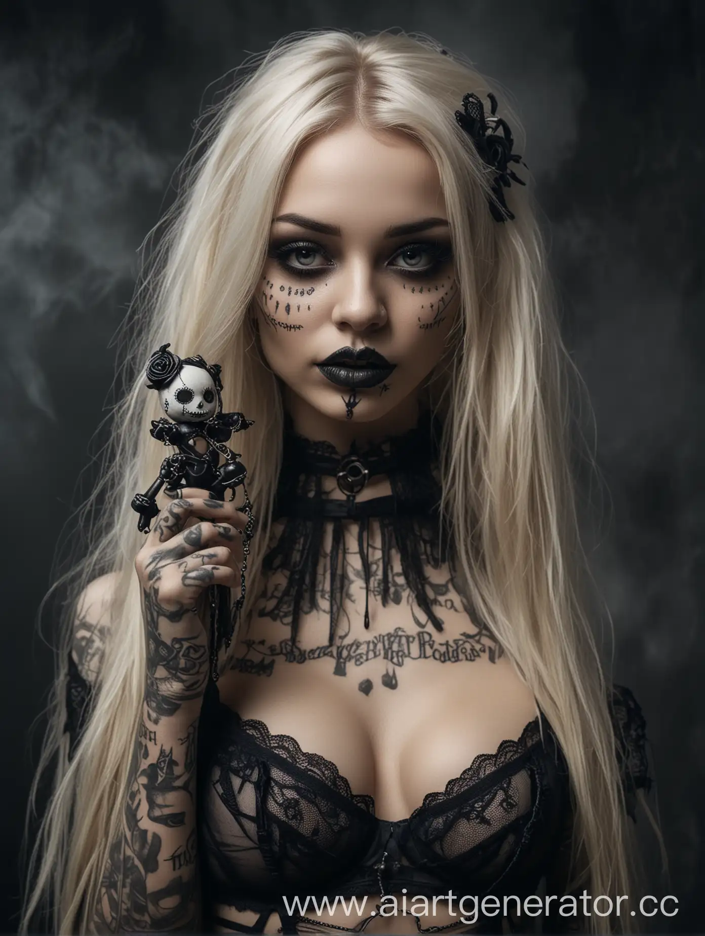  Beautiful hot inked gothic blonde girl with voodoo doll, pretty face, long hair, seemed lingerie , beauty of the female body, fog on the background, hyperrealistic, dark aesthetic 