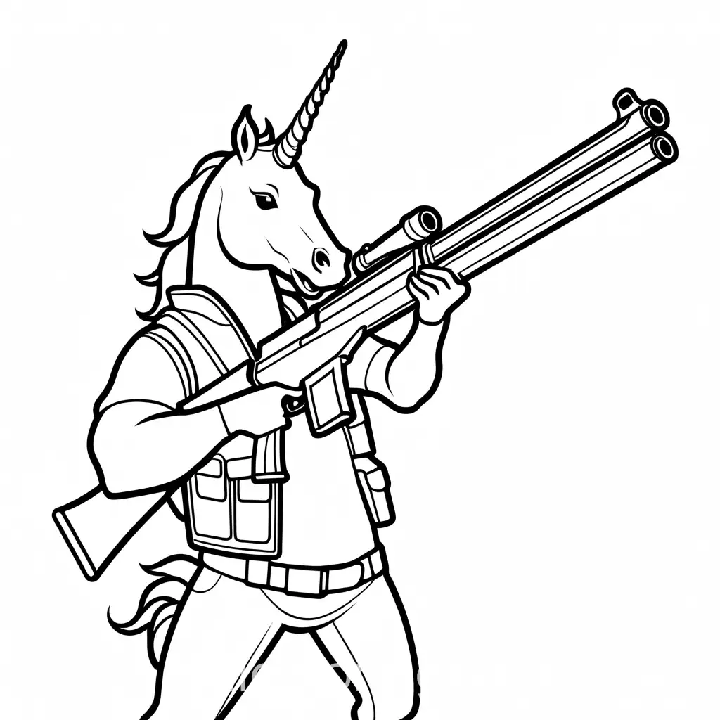 unicorn with shotgun, fortnite style, Coloring Page, black and white, line art, white background, Simplicity, Ample White Space. The background of the coloring page is plain white to make it easy for young children to color within the lines. The outlines of all the subjects are easy to distinguish, making it simple for kids to color without too much difficulty