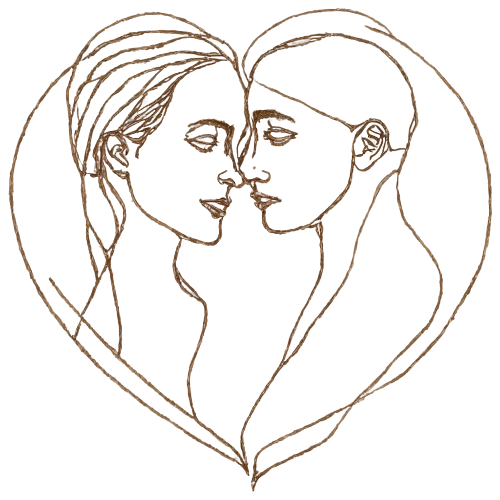 Create a compelling face sketch of a Twinflame couple symbolizing deep spiritual connection and harmony. Use a palette of earth tones (like browns, earthy greens) for a serene atmosphere. Choose elegant typography that complements the theme, subtly integrating meaningful symbols. Keep the background minimalistic to highlight the symbols and the couple, capturing their profound spiritual bond visually.