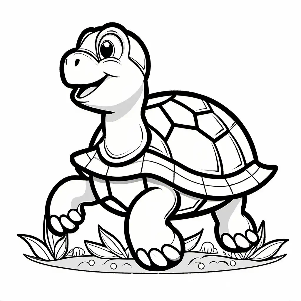a turtle playing soccer, coloring page, black and white, line art, white background, simplicity, ample white space. The background of the coloring page is plain white to make it easy for young children to color within the lines. The outlines of all the subjects are easy to distinguish, making it simple for kids to color without too much difficulty