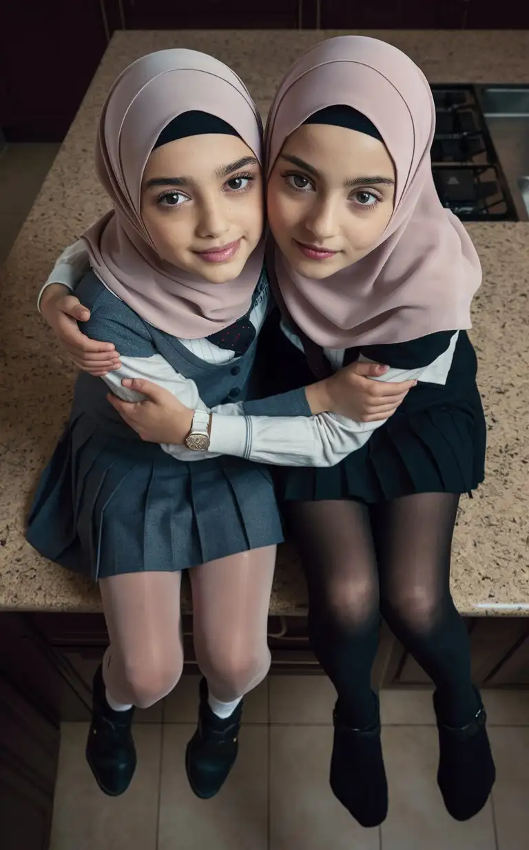 2 girls. 14 years old. They wear a modern hijab,
school skirt, tight shirts, white opaque tights, upclose,
They are beautiful.
In kitchen. They sits on the kitchen countertrops
well-groomed, turkish, quality face, plump lips.
Bird's eye view, top view, serious face, hugs, portrait