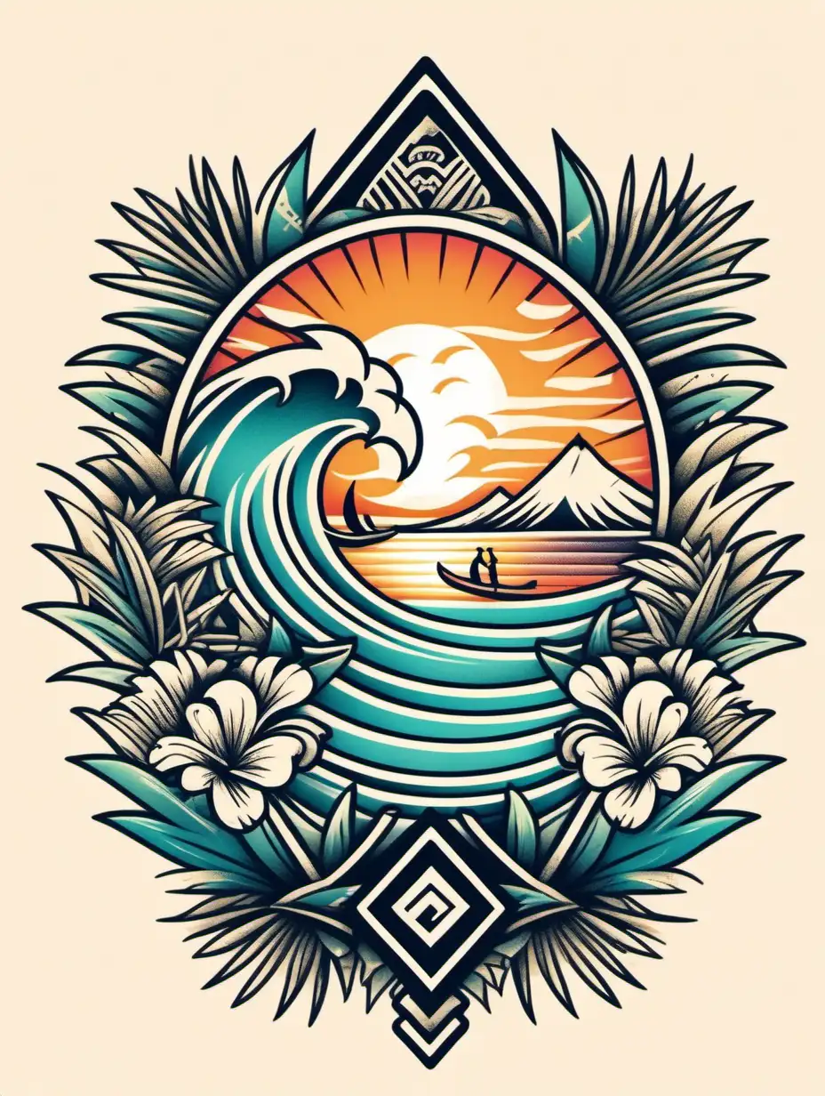 a graphic illustration drawn on ink that looks like a crest made of tigers, tropical foliage, tropical flowers, bamboo stalks, a beach, surfboards and a sunset, in the style of southeast asian tattoo art
