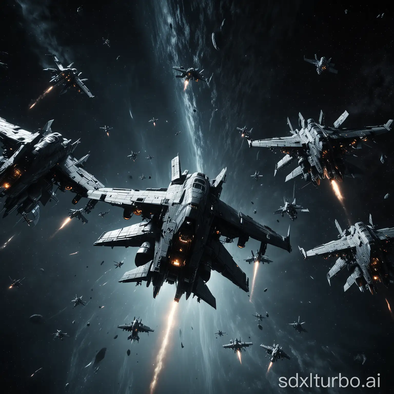 Cinematic-High-Detailed-Group-of-Armed-Spacecrafts-Flying-Like-Swallows-in-Dark-Space