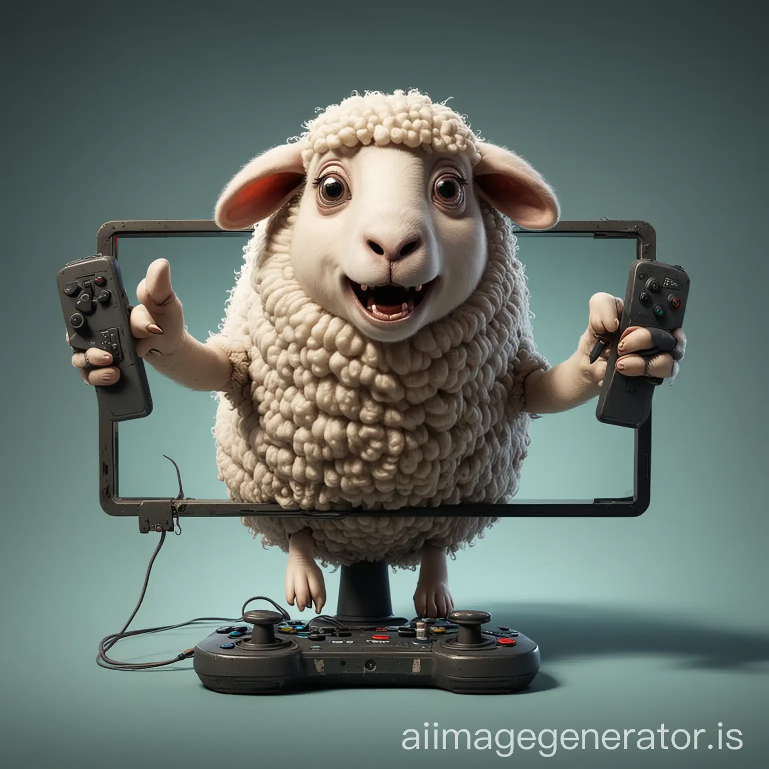 a sheep character in a gaming screen running scared of being chased and human being holding the joystick