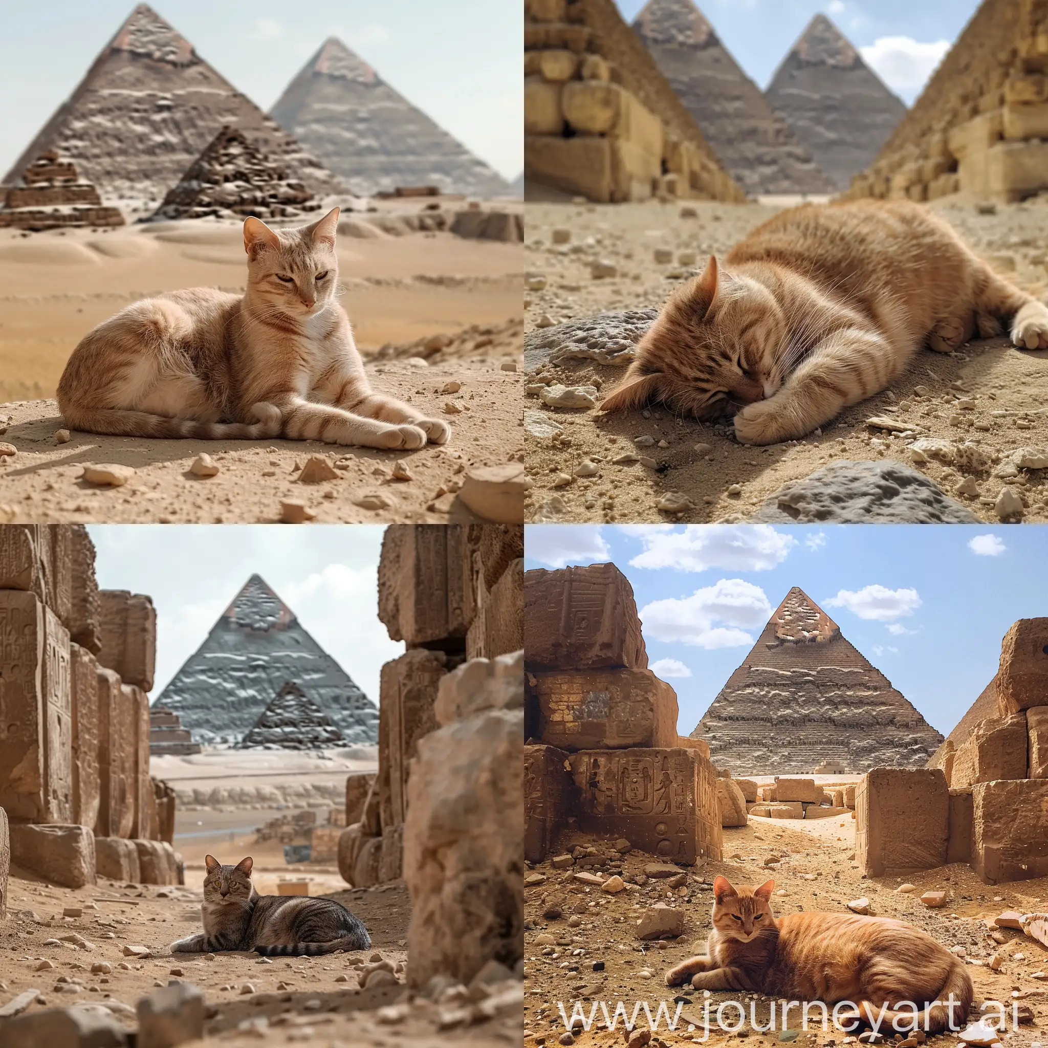 eine ruhende katze zwischen den pyramiden von ägypten