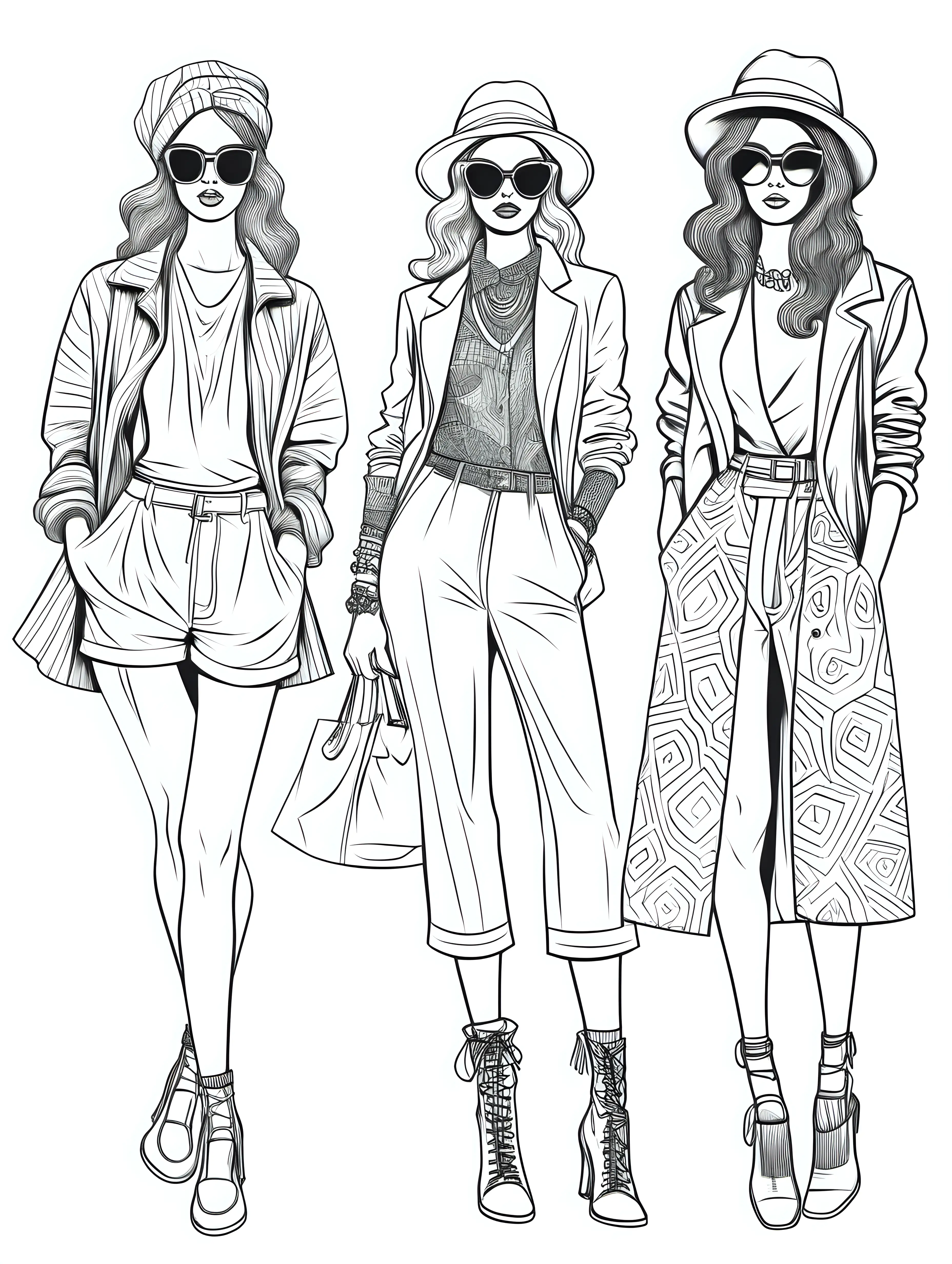 models in Eclecticism style different outfits, coloring page