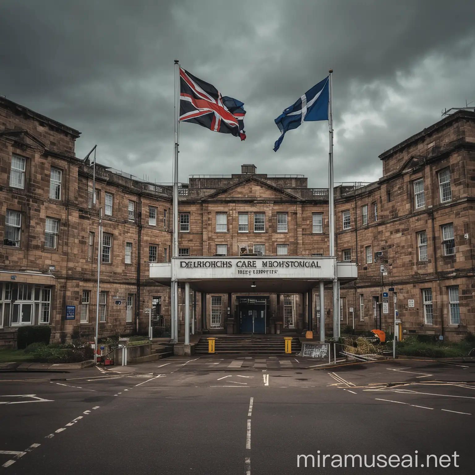 Eerie Scottish Hospital with Flag of Scotland