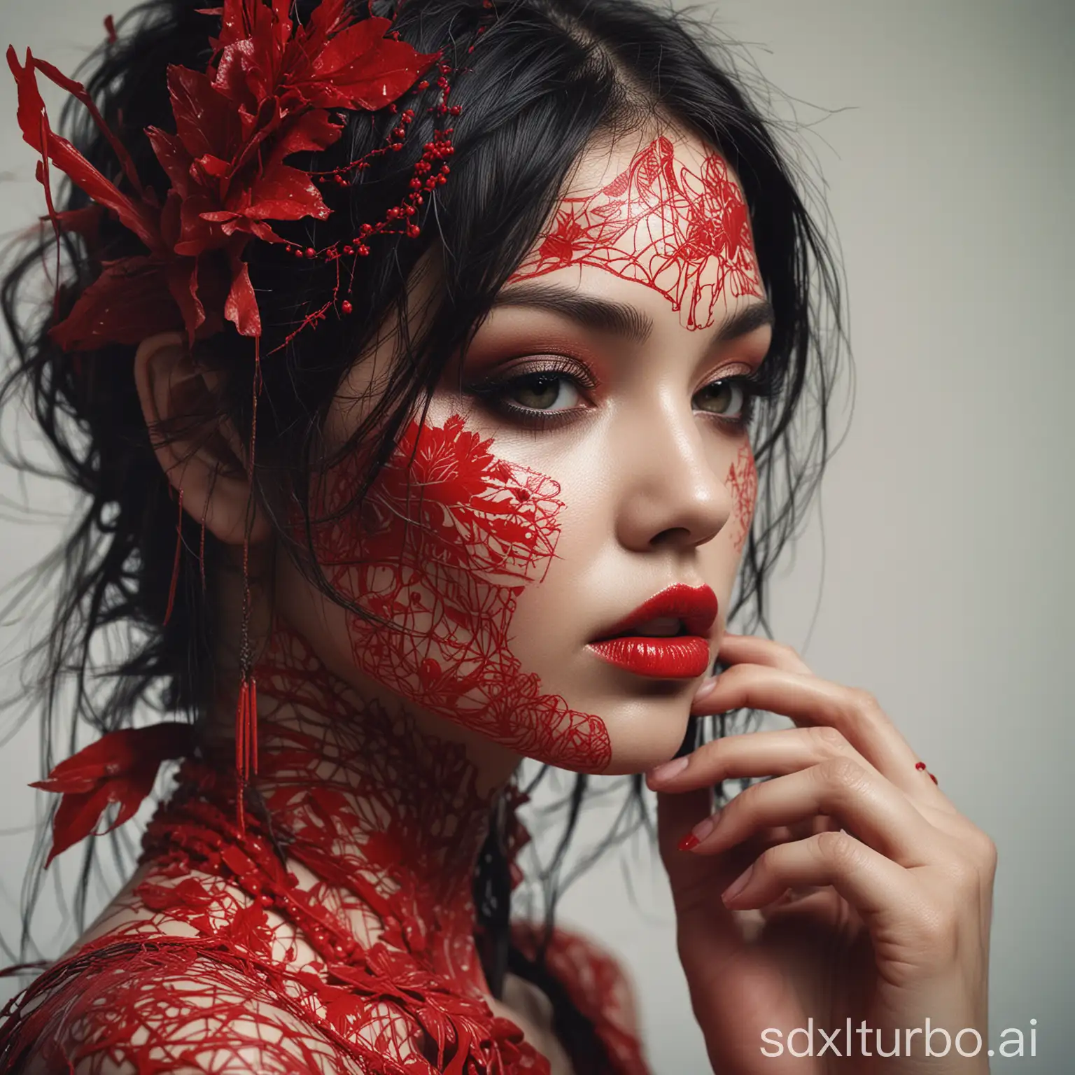 Enigmatic-Silhouette-of-Exotic-Girl-Alluring-Goddess-in-Red-Cosmetics