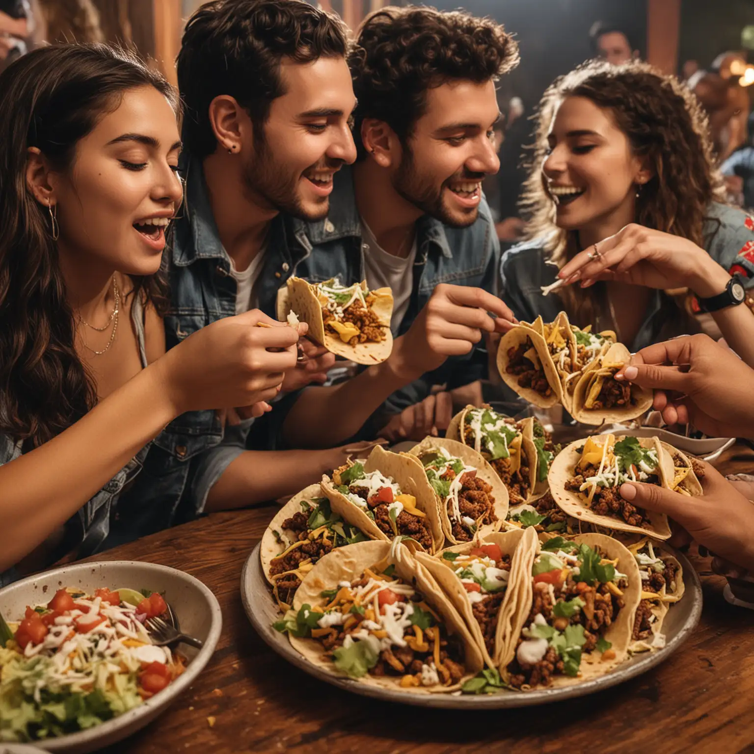 Friends Enjoying Tacos and Dancing at a Vibrant Disco Party