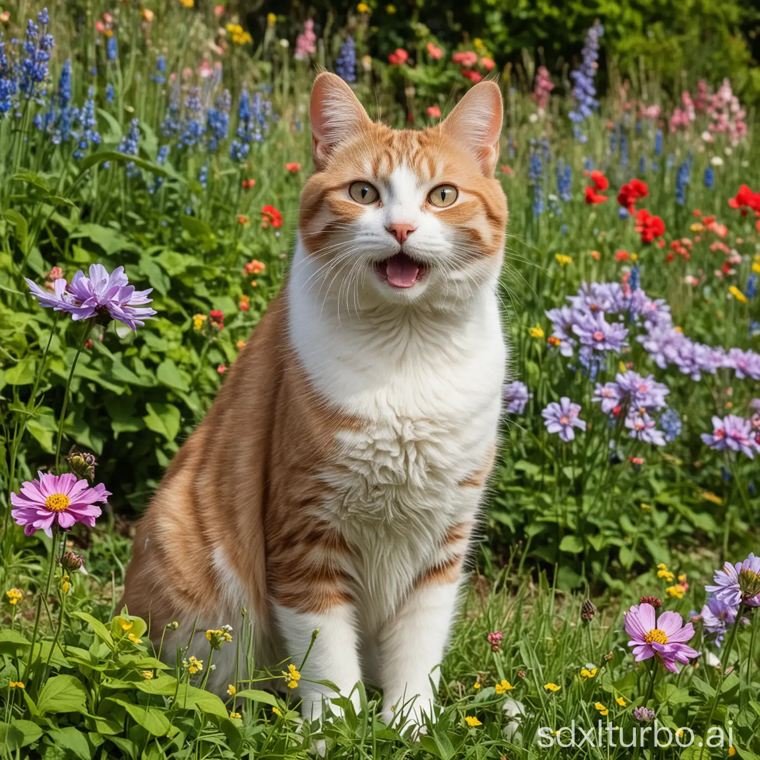 Happy three-flowered cat in the garden.
