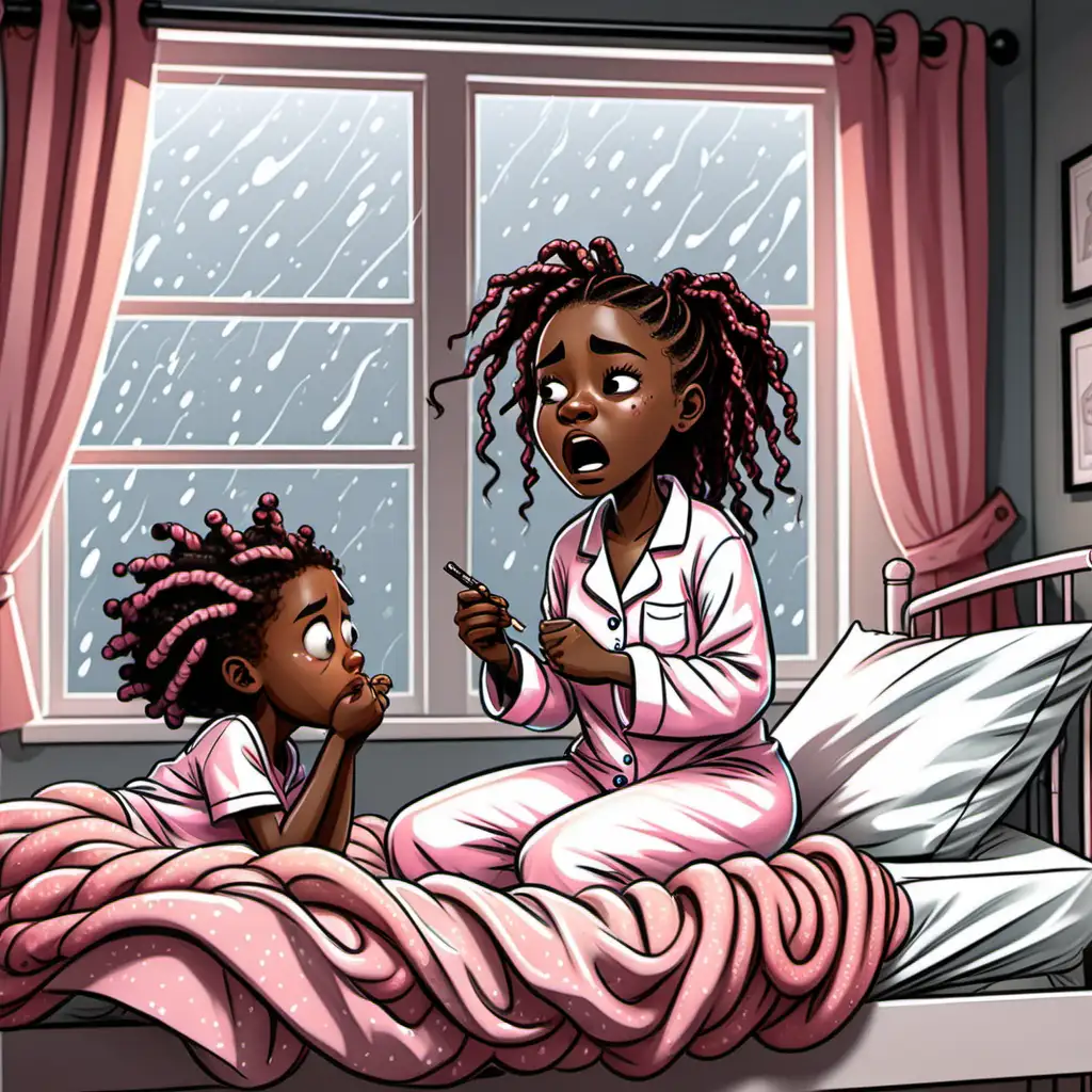 Sick African American Woman in Bed with Daughter on Rainy Day