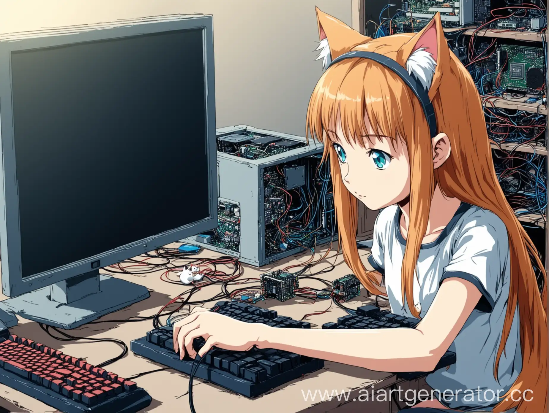 Anime-Style-Illustration-Young-Girl-with-Cat-Ears-Building-Computer