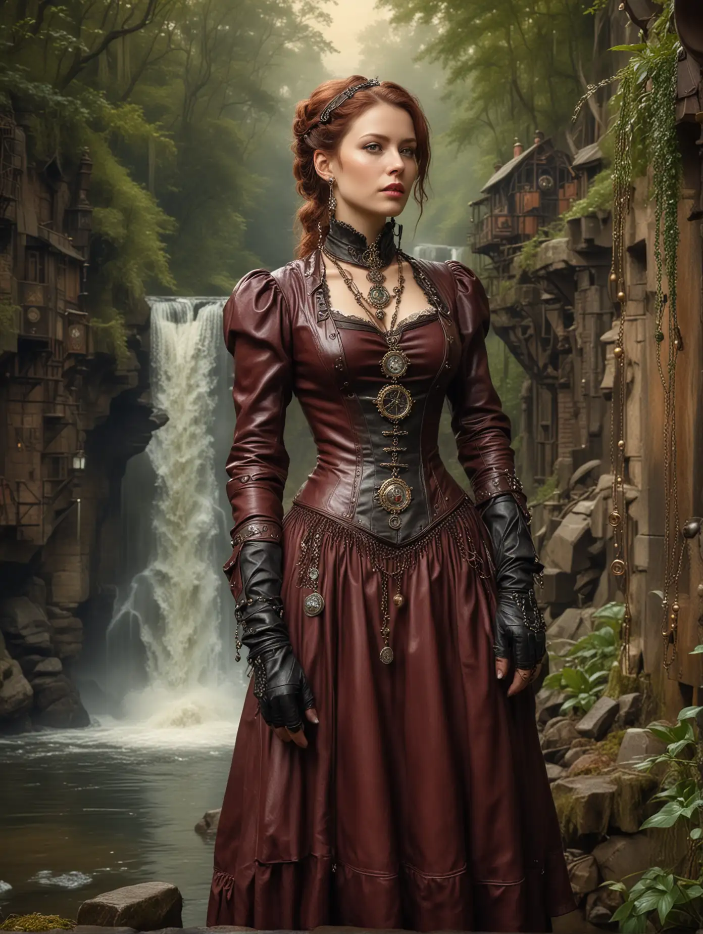 Steampunk Noble Woman in Leather Claret Dress by Waterfall