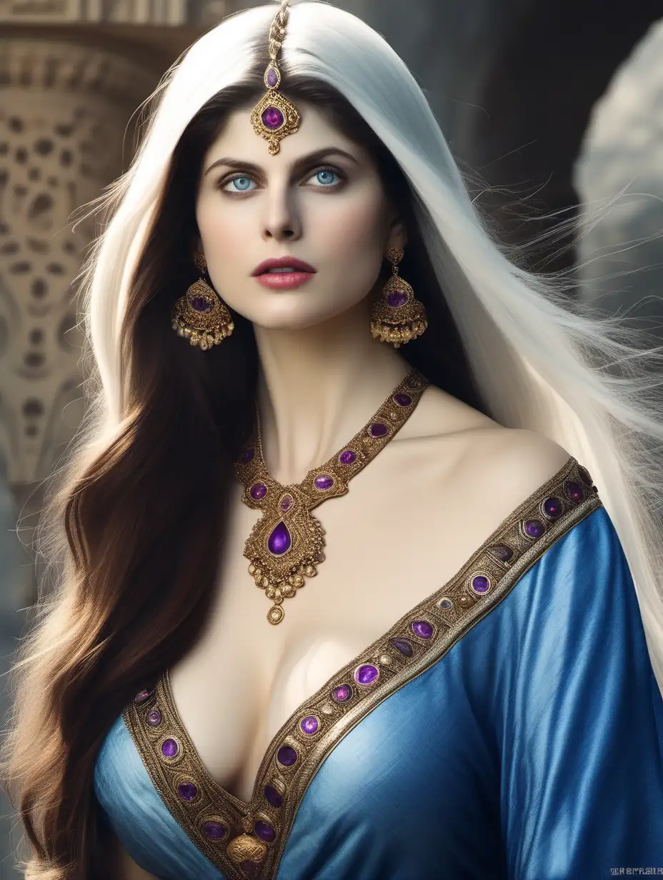 Индийская принцесса Alexandra Daddario, красивая и сексуальная, голубые глаза, белые длинные волосы, красивая фигура, красивая и большая грудь, вишнёвая помада, чёрная туш, голая, золотые украшения с аметистами, мраморный бассейн, интим, эротика, средневековье, симметрия, рисунок 