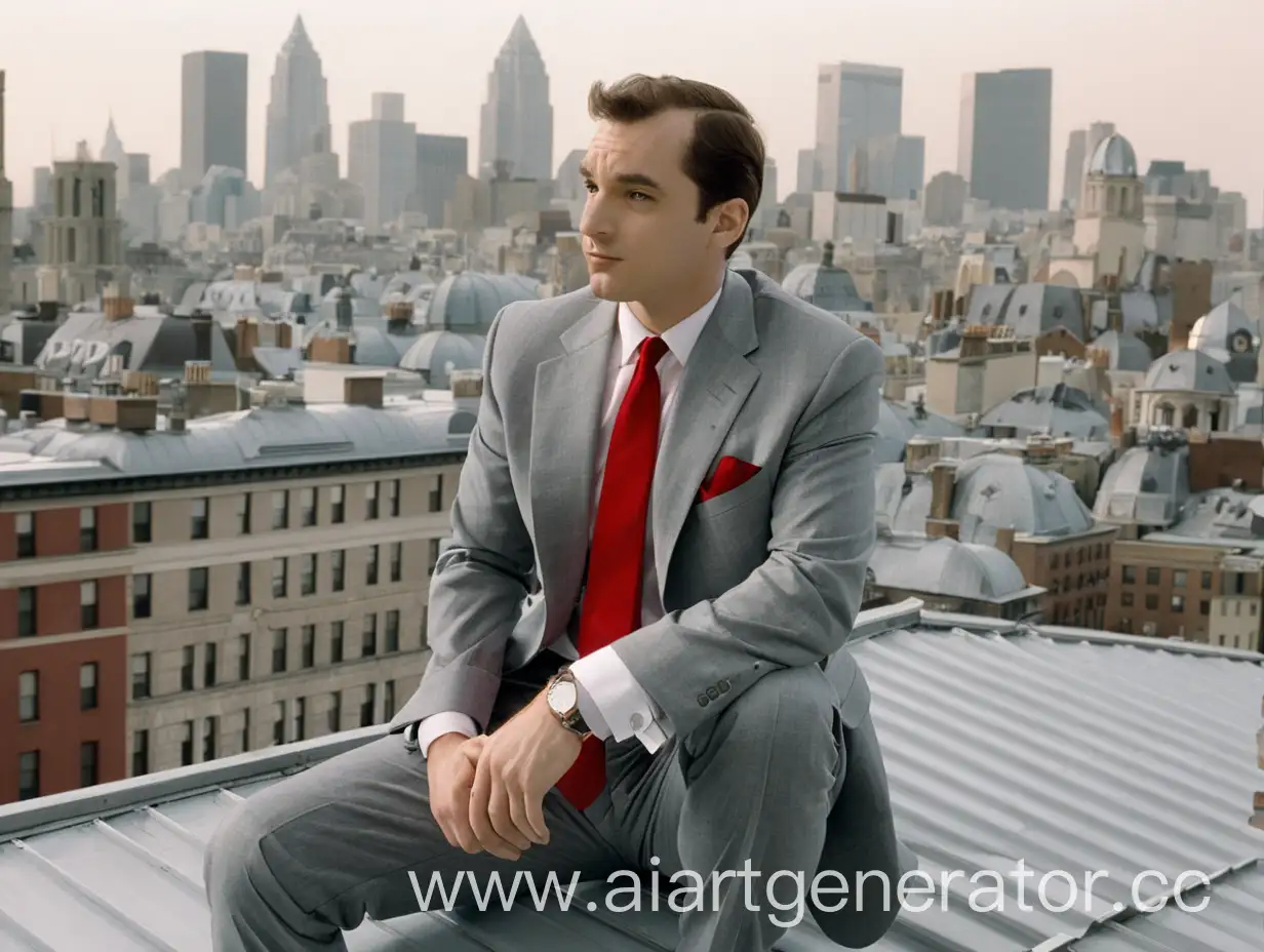 человек в сером смокинге с красным галстуке, сидит на крыше здания по среди города