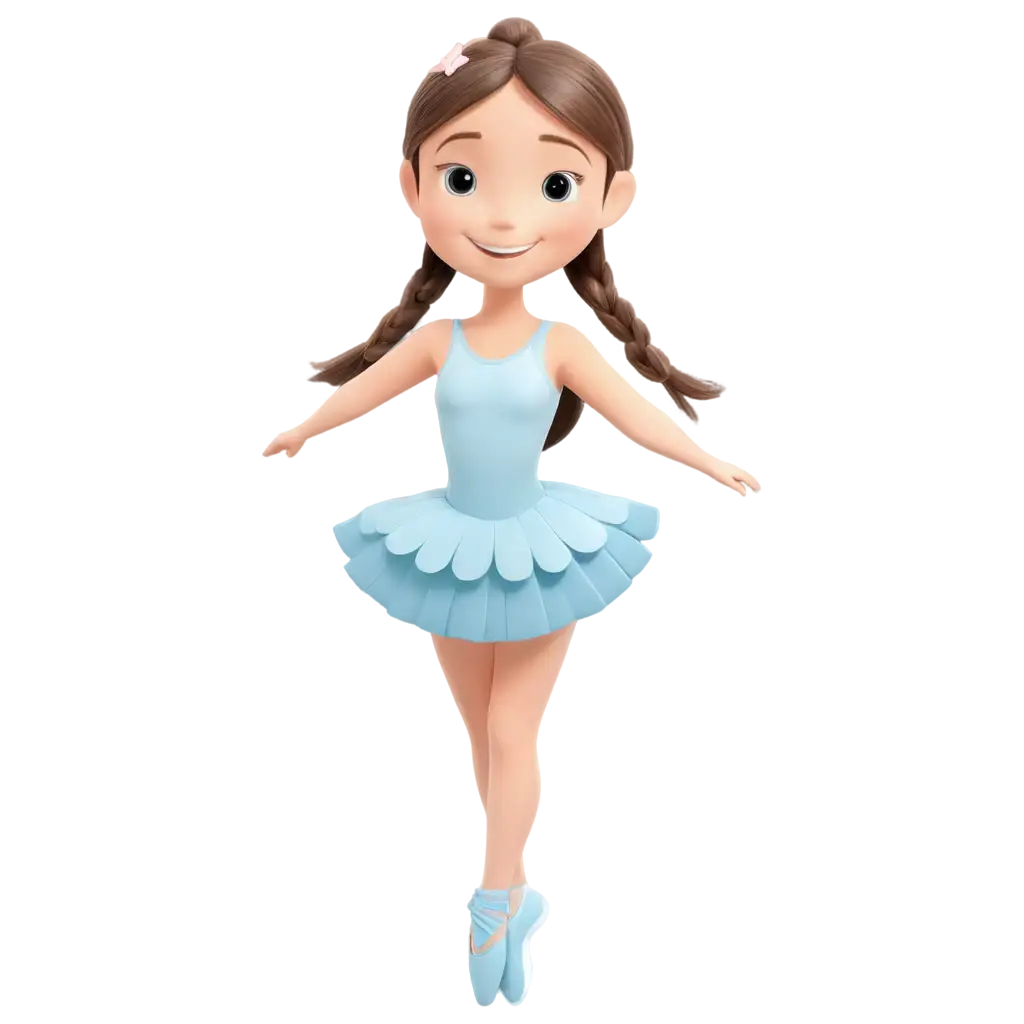 a cute ballerina little girl cartoon in pastel blue color with long straight braided hair smiling face and fair skin