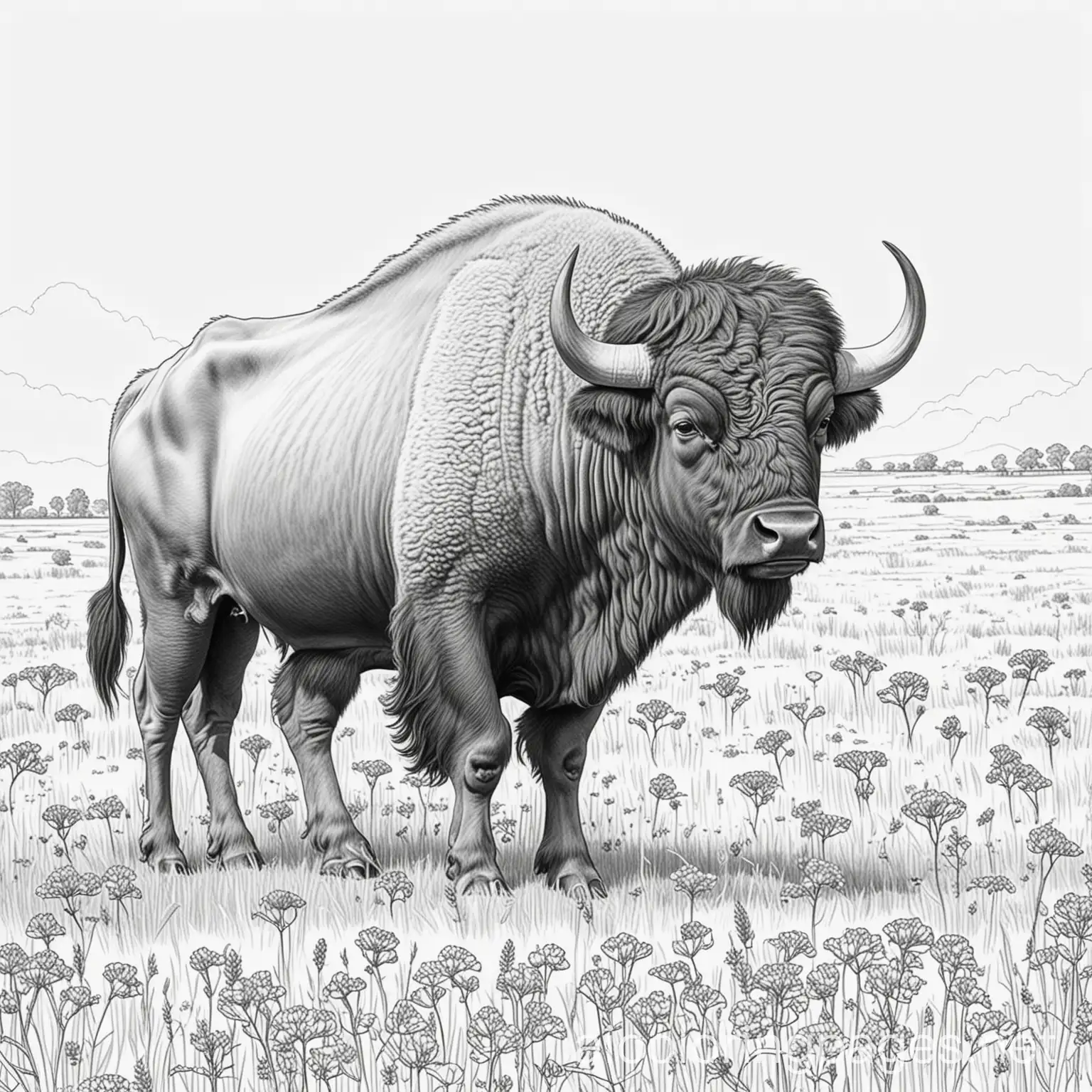 coloring book buffalo in field, Coloring Page, black and white, line art, white background, Simplicity, Ample White Space