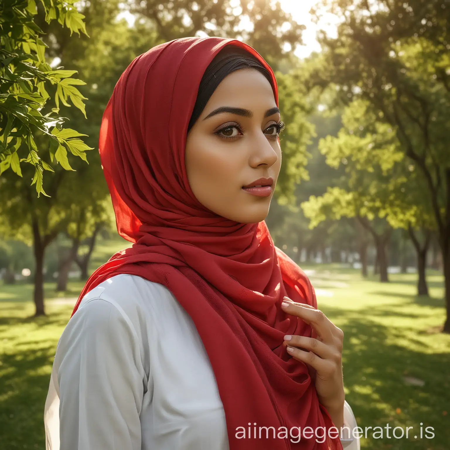 Create a realistic image of a Pakistani model standing in a lush, green park. The model is looking directly at the camera with a confident and serene expression. She is wearing a RED-colored georgette chiffon hijab, wrapped neatly around her head, covering her chest completely. Her simple white shirt adds to the modest and elegant appearance. The image is framed to show the model from the belly area upwards, emphasizing the natural beauty and texture of the hijab. The background should include vibrant trees and soft sunlight filtering through the leaves, enhancing the overall peaceful and realistic atmosphere. The model should have natural skin tones, and her features should be lifelike to create a genuine and relatable image for the hijab brand.