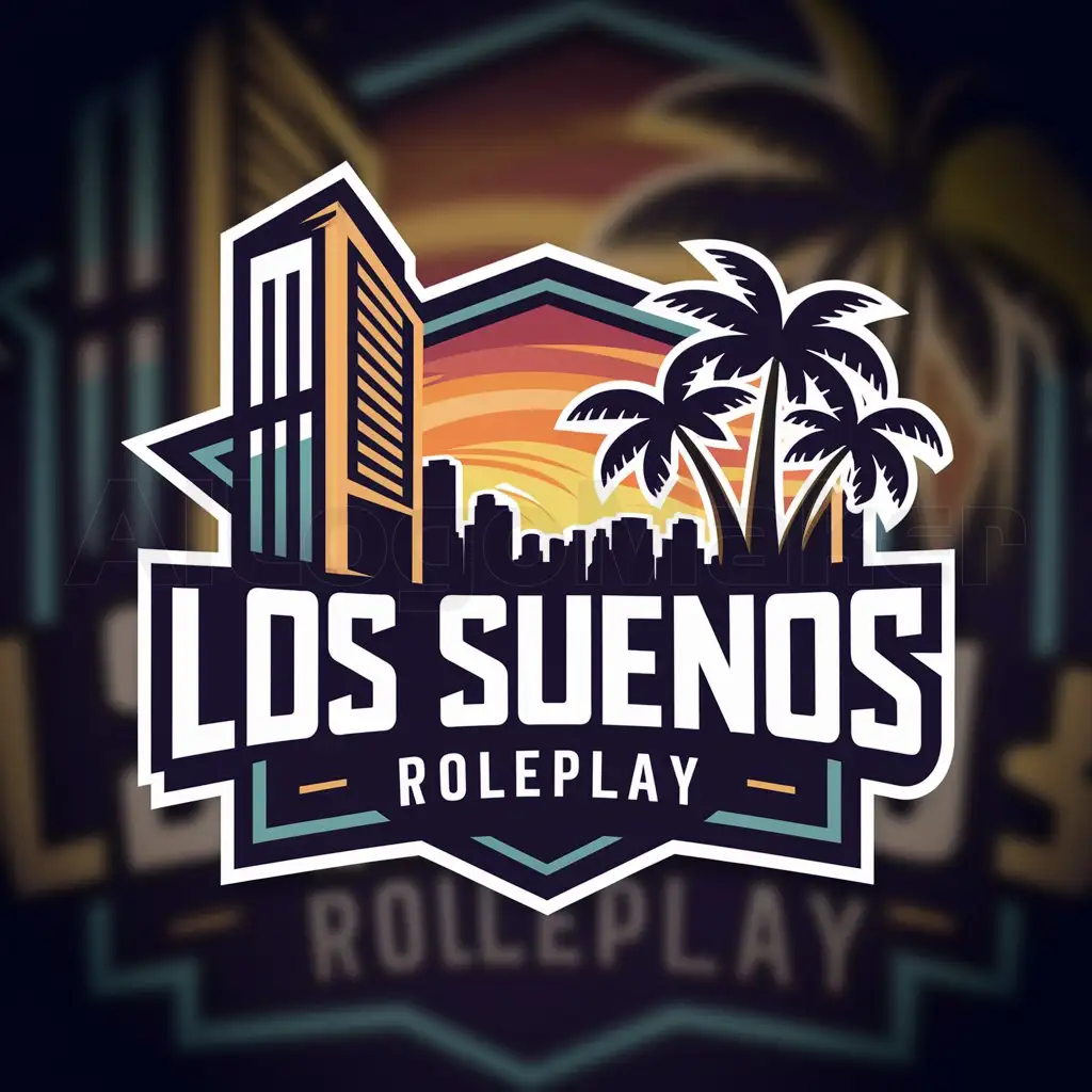 a logo design,with the text "LOS SUENOS ROLEPLAY", main symbol:Make a logo for my FiveM Server with a skyscraper row and palm trees on the left and right. It should also be colorful.,Moderate,be used in gaming industry,clear background