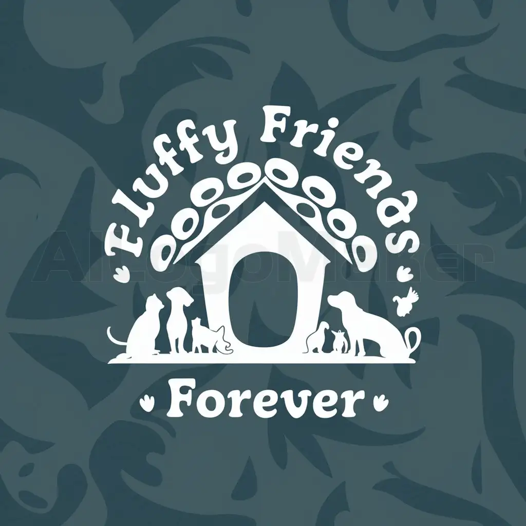 a logo design,with the text "Fluffy Friends Forever", main symbol:animal/house for an animal shelter/sanctuary,Moderate,clear background