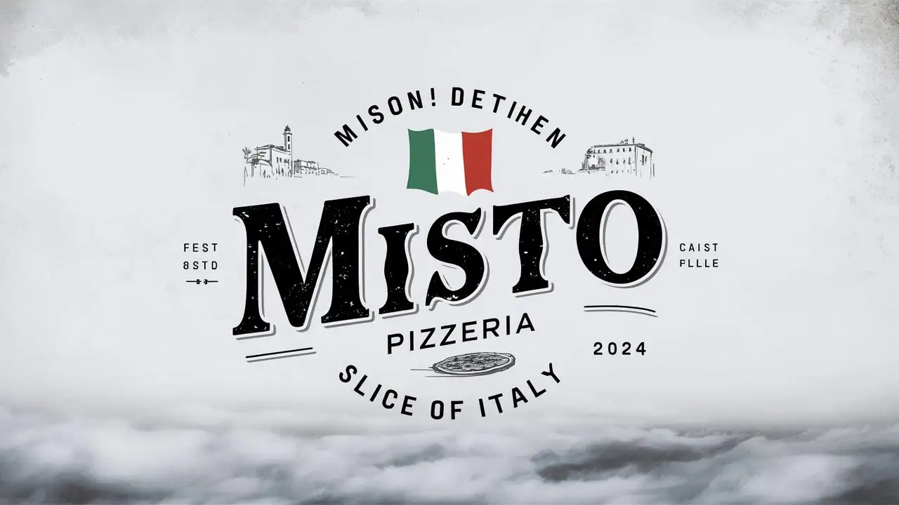 Vintage Misto Pizzeria Logo Slice of Italy in a Sketched Italian City