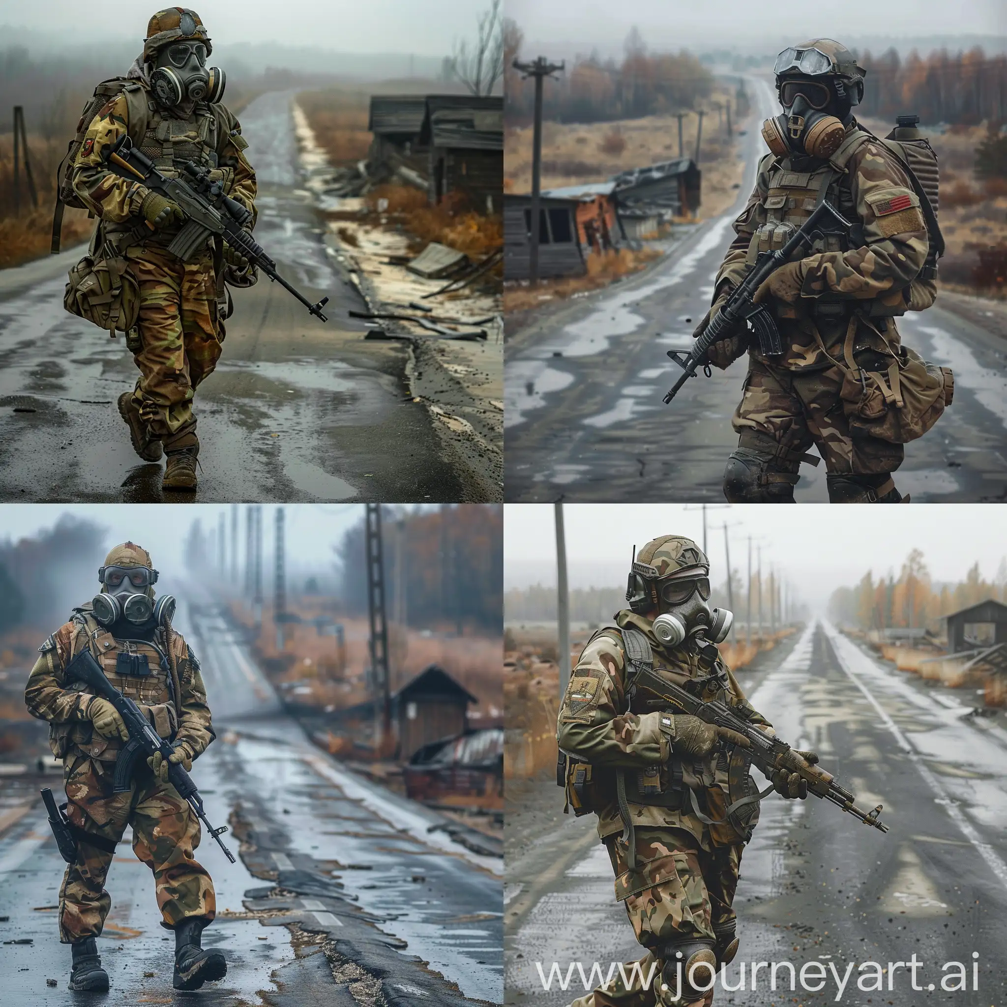Military-Man-in-Chemical-Protection-Suit-with-Rifle-Walking-on-Abandoned-Soviet-Road-in-Chernobyl