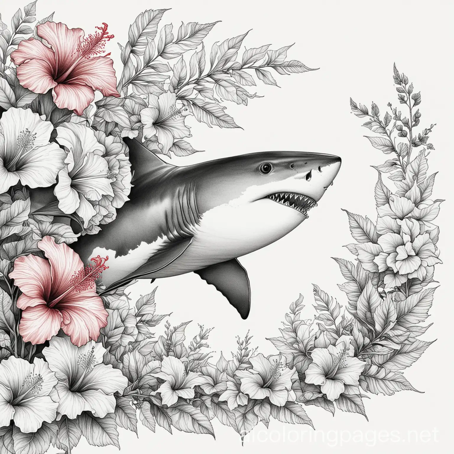 shark surrounded by hibiscus, Coloring Page, black and white, line art, white background, Simplicity, Ample White Space