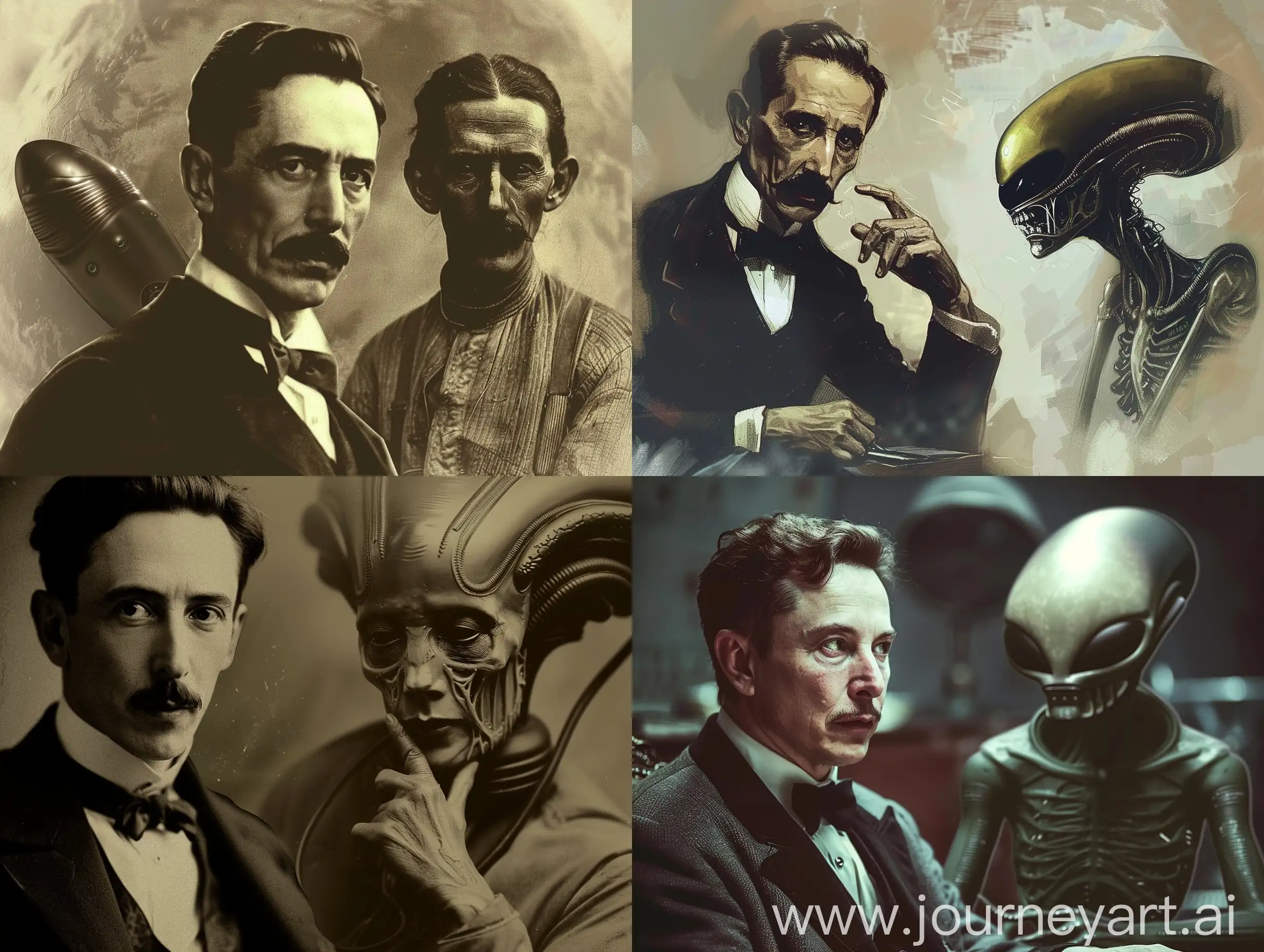 create a thumbnail for youtube about nikola tesla comunicating with a alien, cinematic
