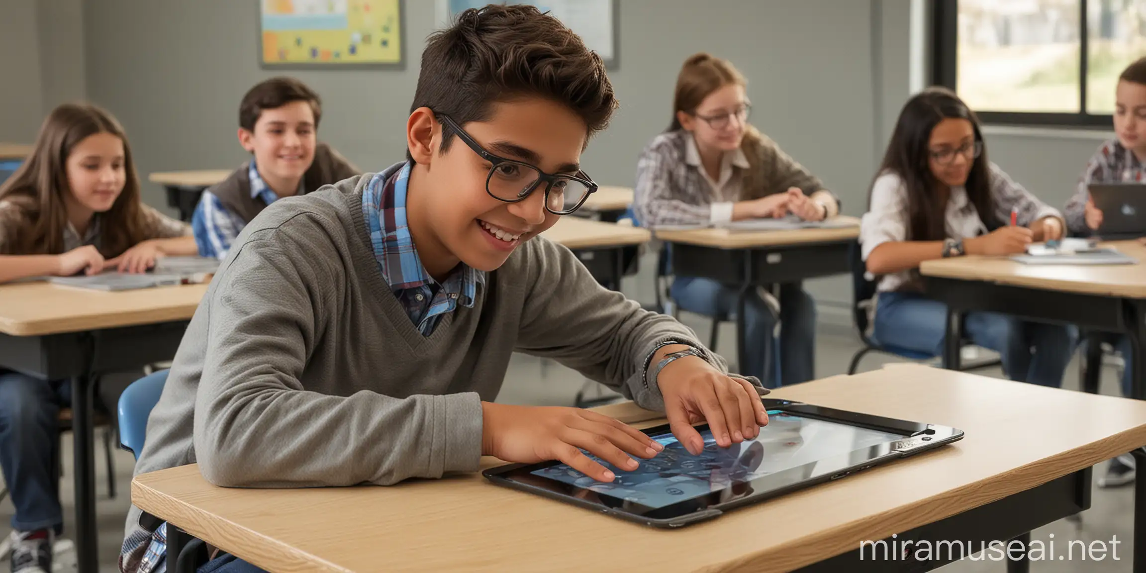 he student, with a happy and engaged expression, is focused on the touch panel embedded in the school desk in front of him, actively interacting with the educational material, tapping and swiping the screen. Other students in the classroom also have joyful and enthusiastic faces as they use touch panels integrated into their desks, working individually or in groups to complete assignments and participate in activities. The room is filled with the soft hum of technology as students absorb information and collaborate with their peers, using advanced technology for learning. A futuristic vision of education, where technology plays a key role in enhancing the educational process, allows students to immerse themselves in learning and explore the world of knowledge through touch panels integrated into their school desks.