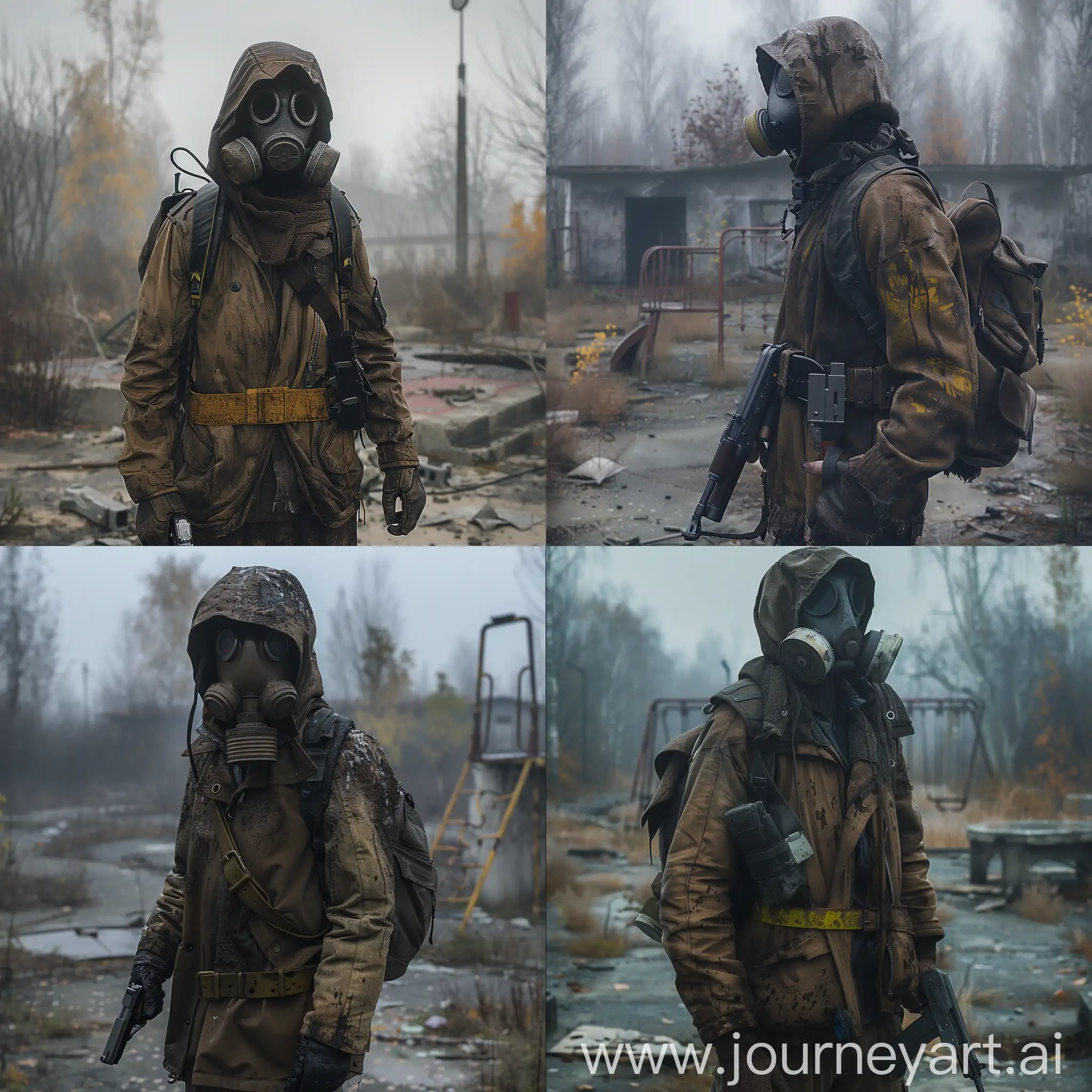 The stalker is a lone newcomer, a gas mask, a dirty light brown jacket, a Soviet belt, a small backpack on his back, a light military discharge on his body, a chest lamp, a pistol in one hand, the stalker stands in the middle of an abandoned Soviet playground in the abandoned city of Pripyat, gloomy autumn, fog.