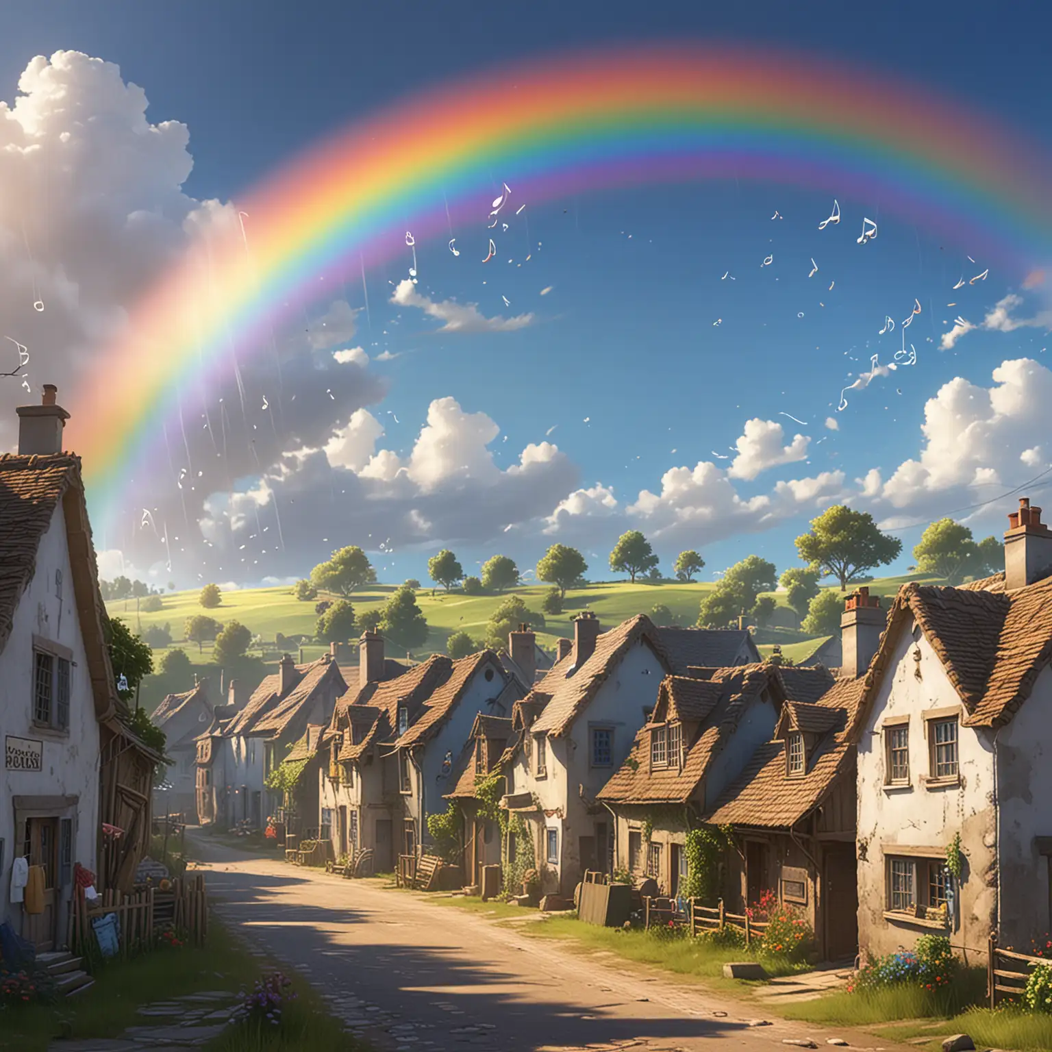 a large rainbow across a country village with a blue sky pixar style with large white musical notes floating across 
