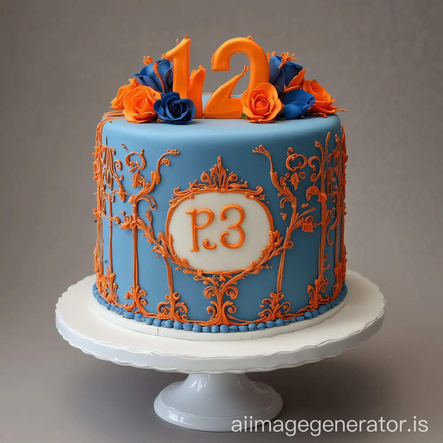 Elegantly decorated 122nd anniversary cake for P&S. Blue and orange